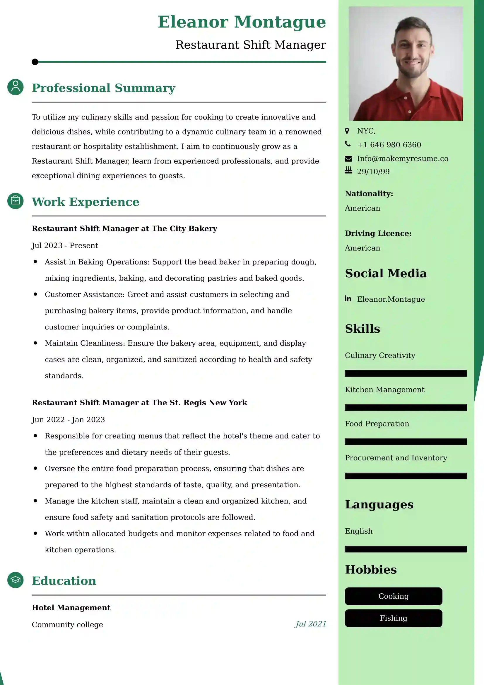 Restaurant Shift Manager Resume Examples USA