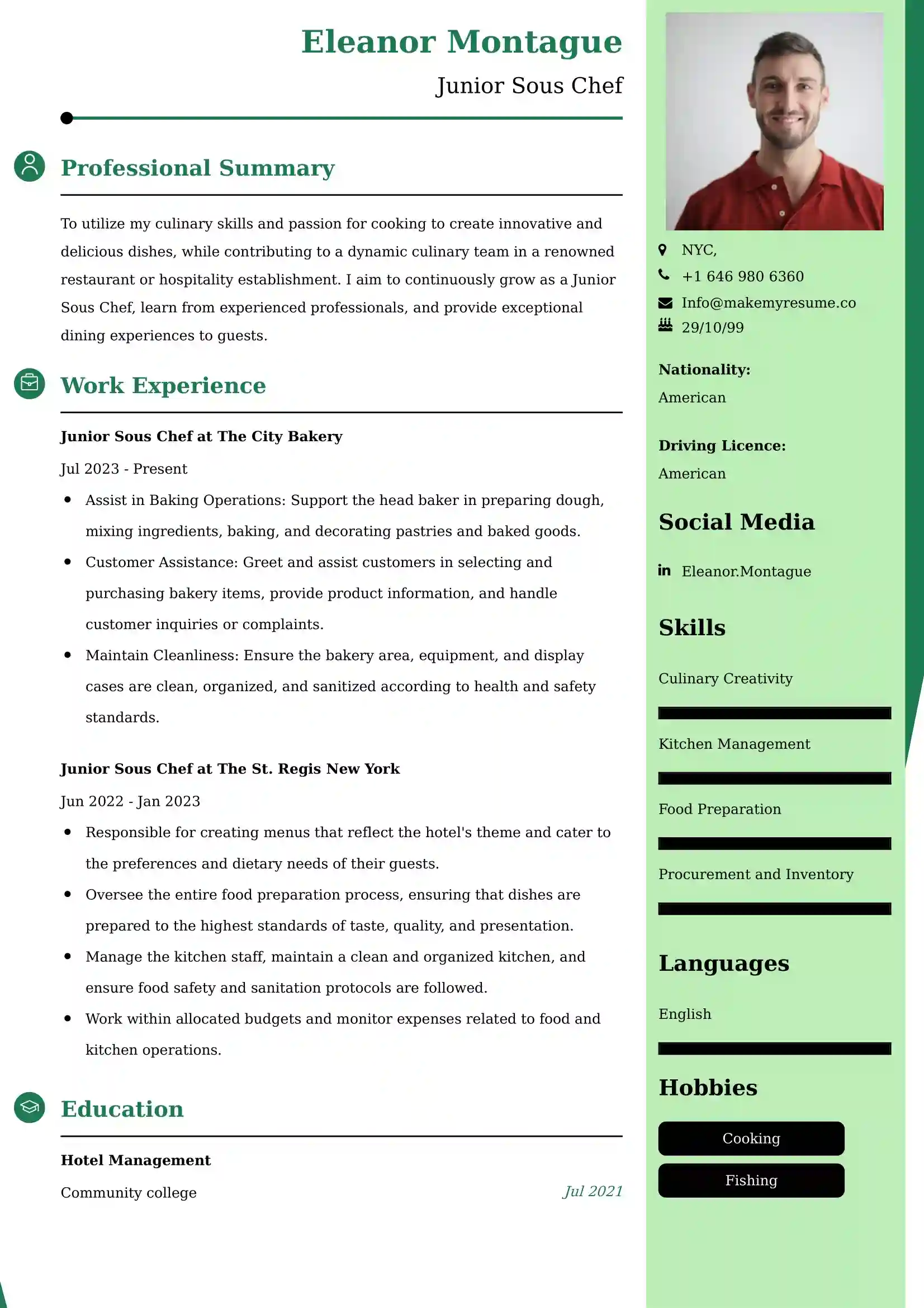 Junior Sous Chef Resume Examples USA