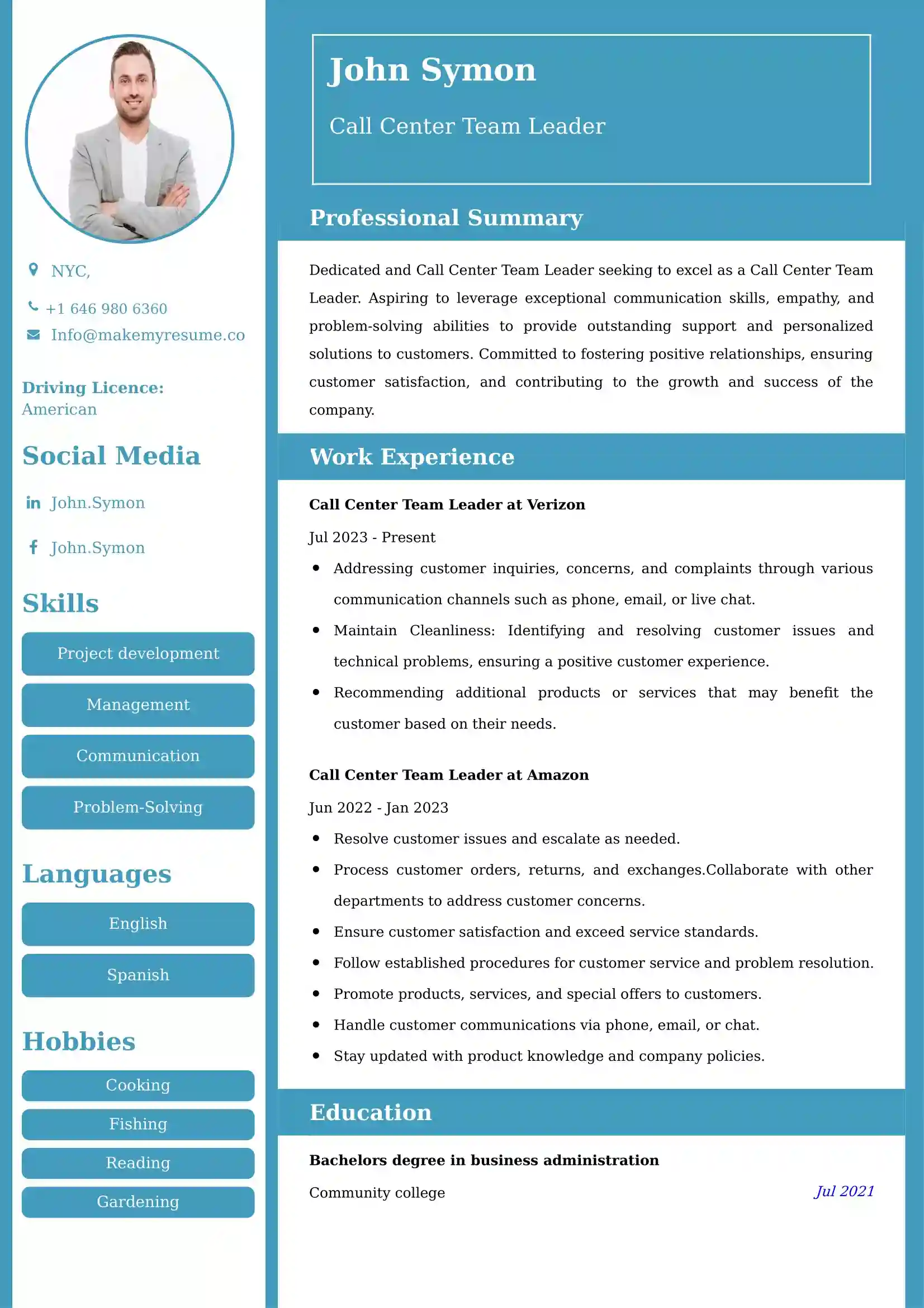 Call Center Team Leader Resume Examples USA