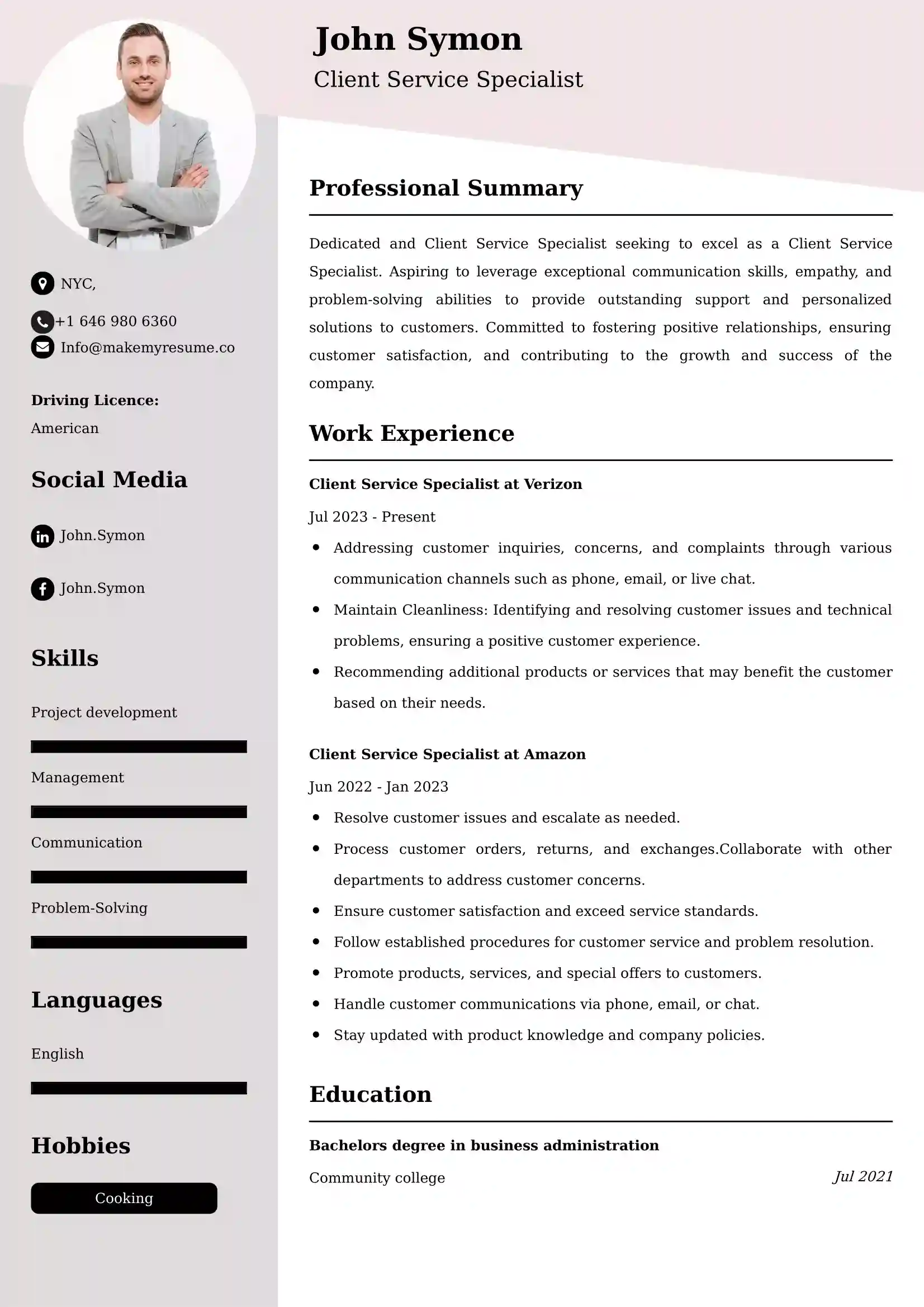 Client Service Specialist Resume Examples USA