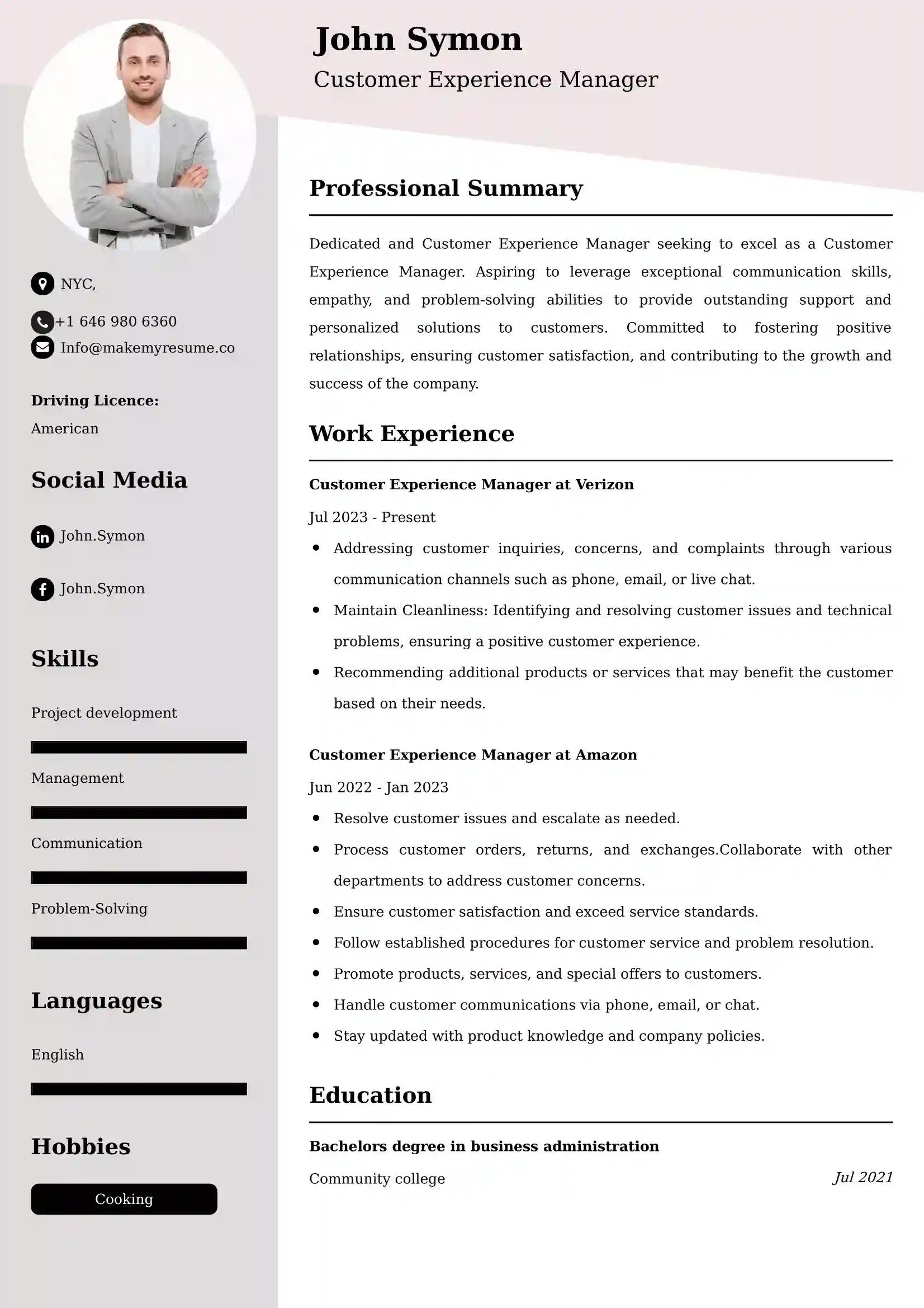 Customer Experience Manager Resume Examples USA