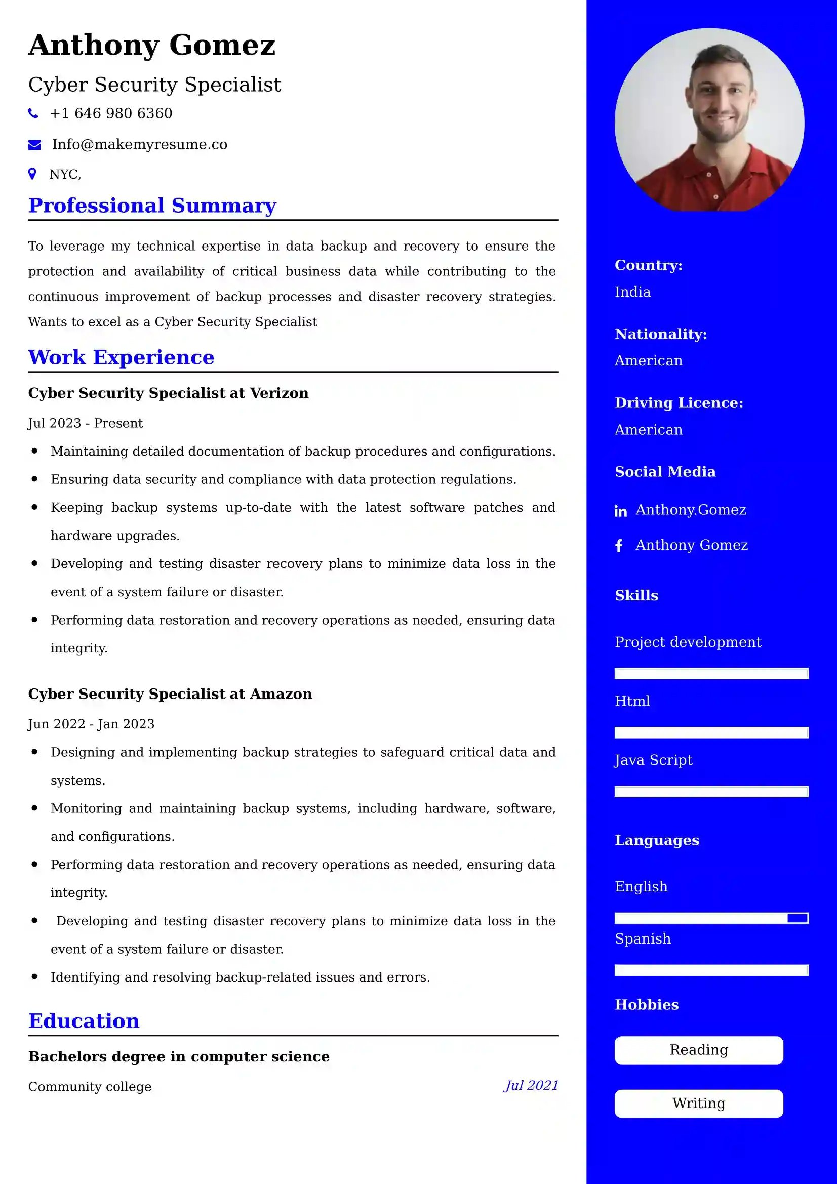 Cyber Security Specialist Resume Examples USA