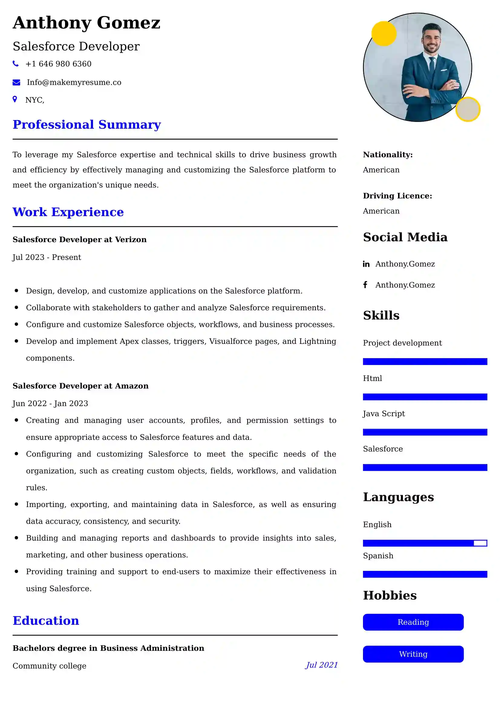 Salesforce Developer Resume Examples USA