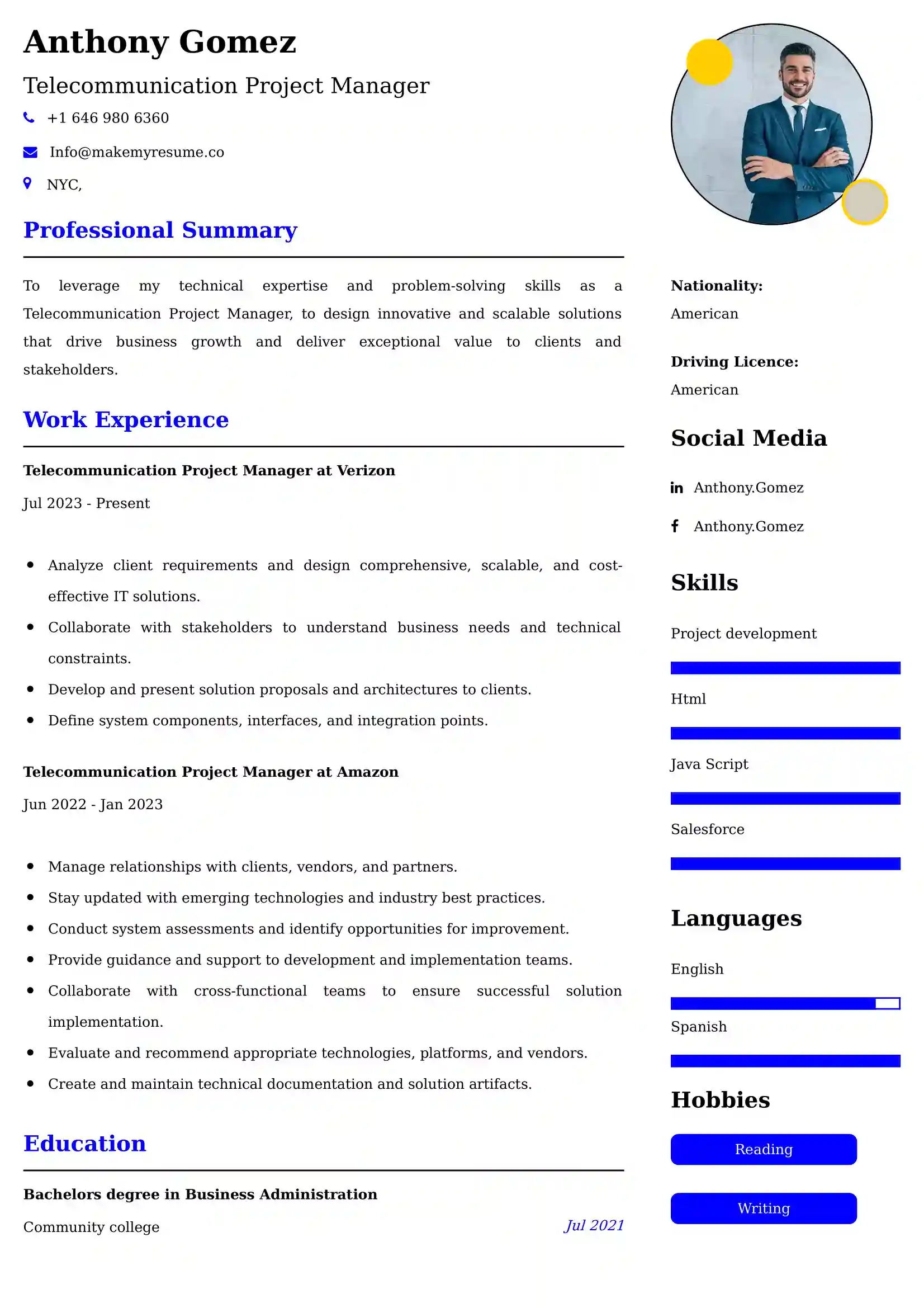 Telecommunication Project Manager Resume Examples USA