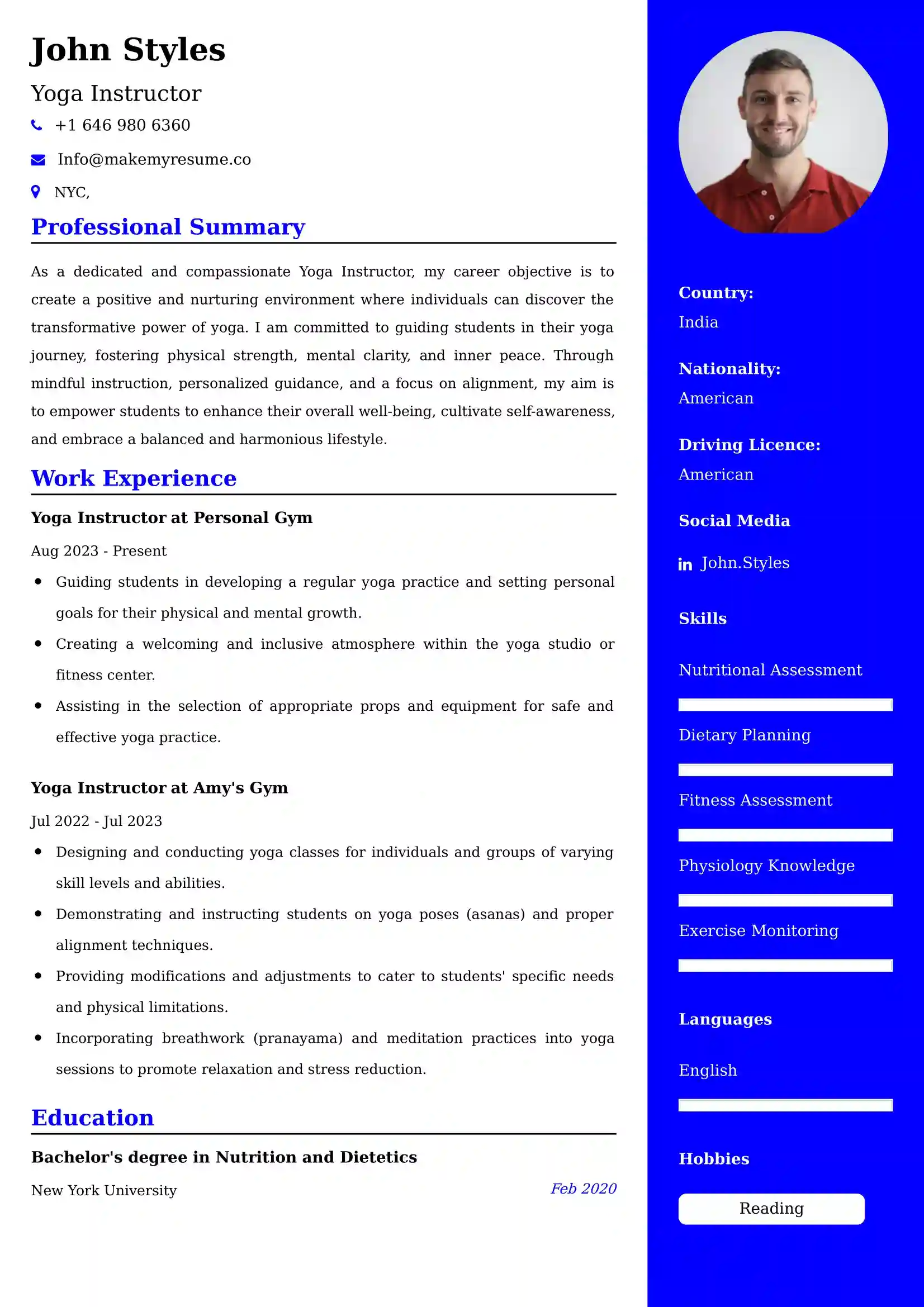 Yoga Instructor Resume Examples USA