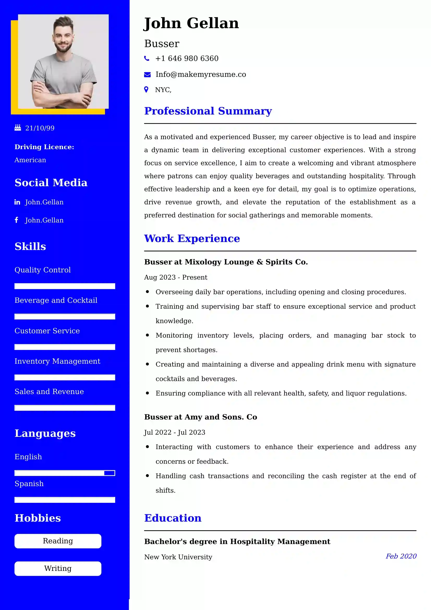 Busser Resume Examples USA