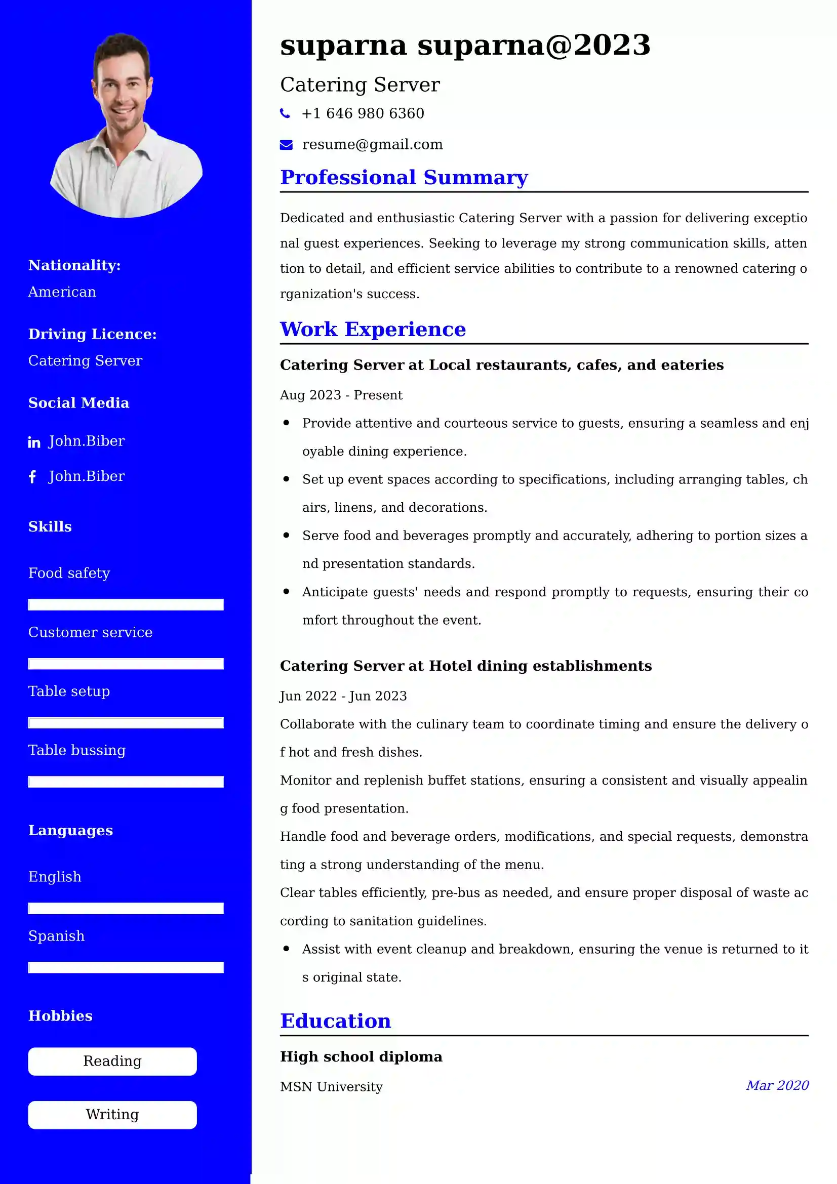 Catering Server Resume Examples USA