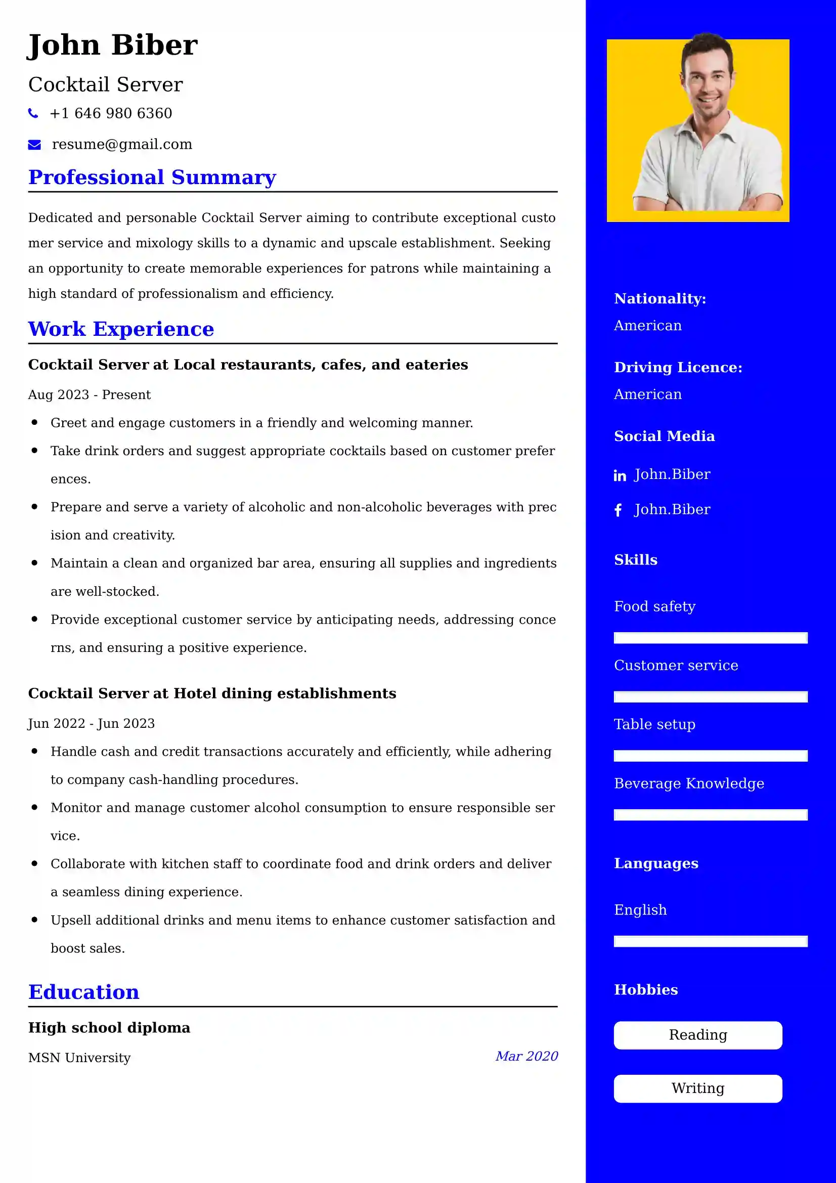 Cocktail Server Resume Examples USA