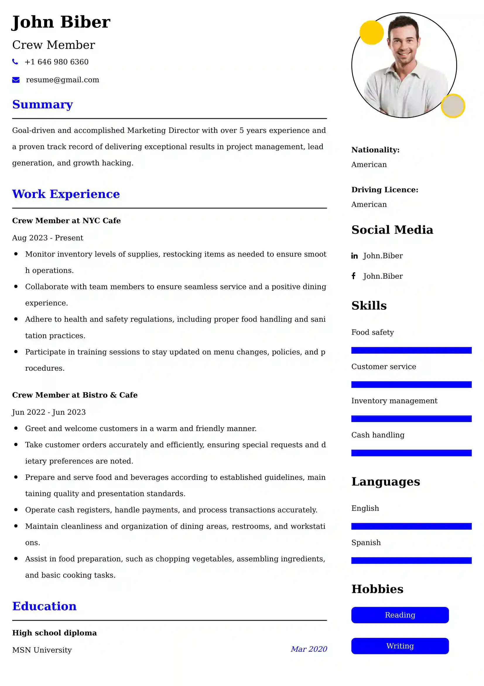 Food service Resume samples