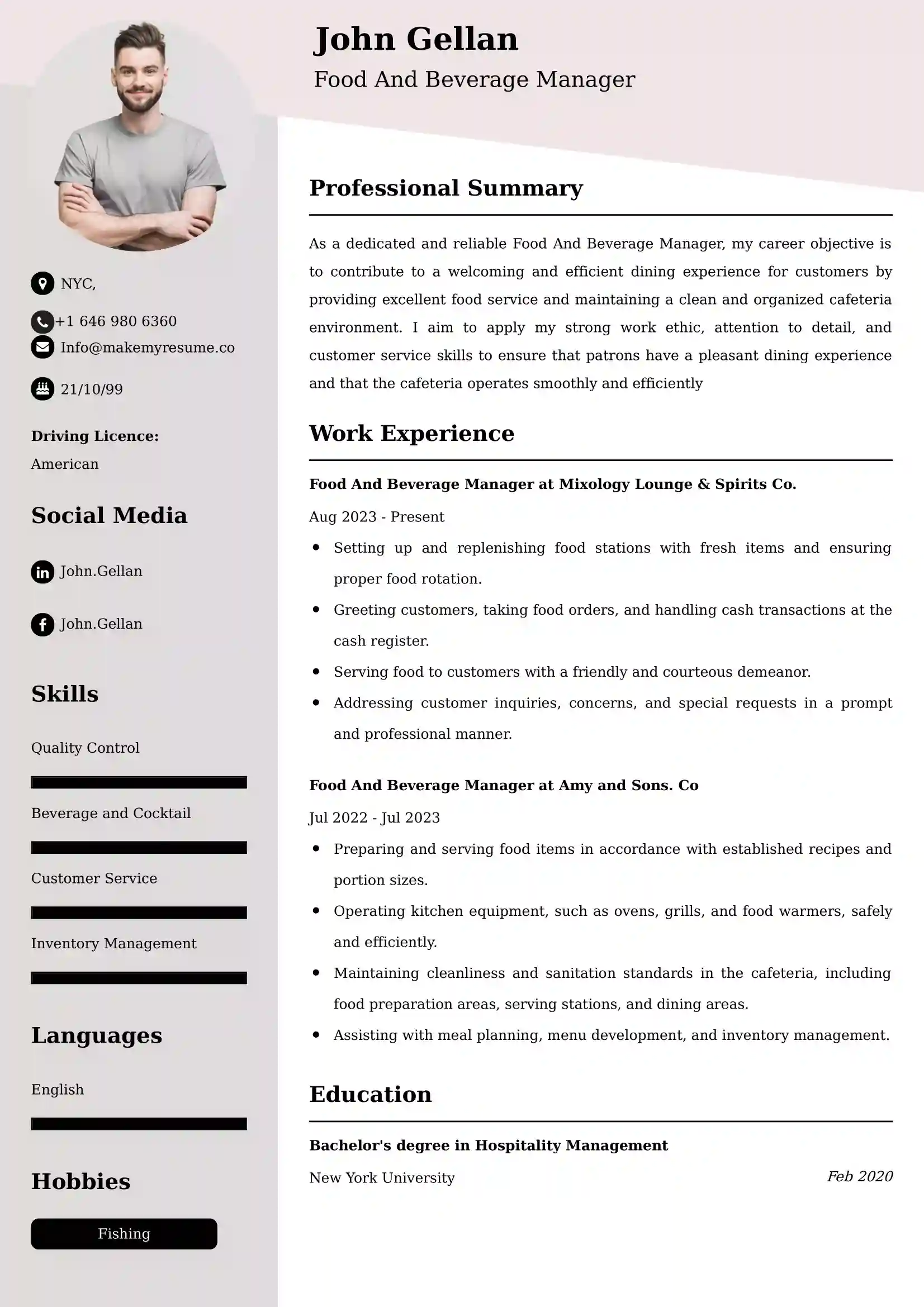 Food And Beverage Manager Resume Examples USA