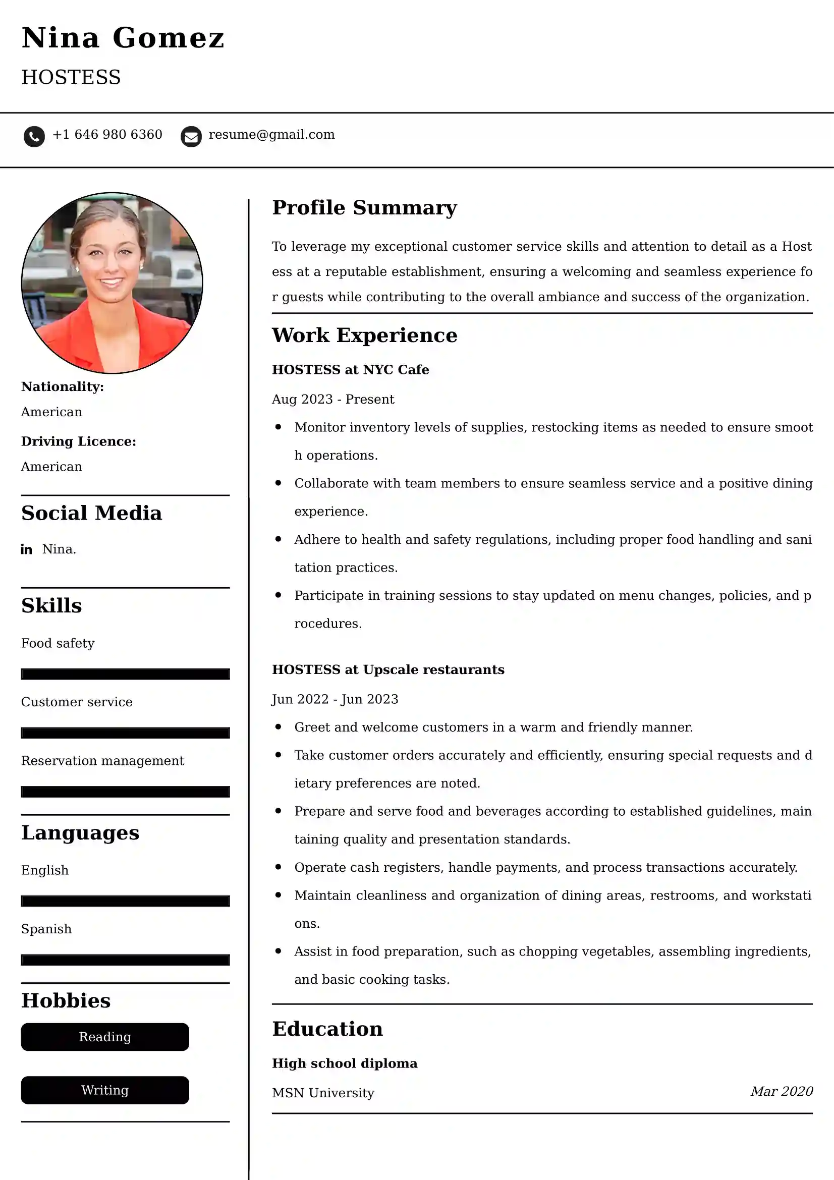 Hostess Resume Examples USA