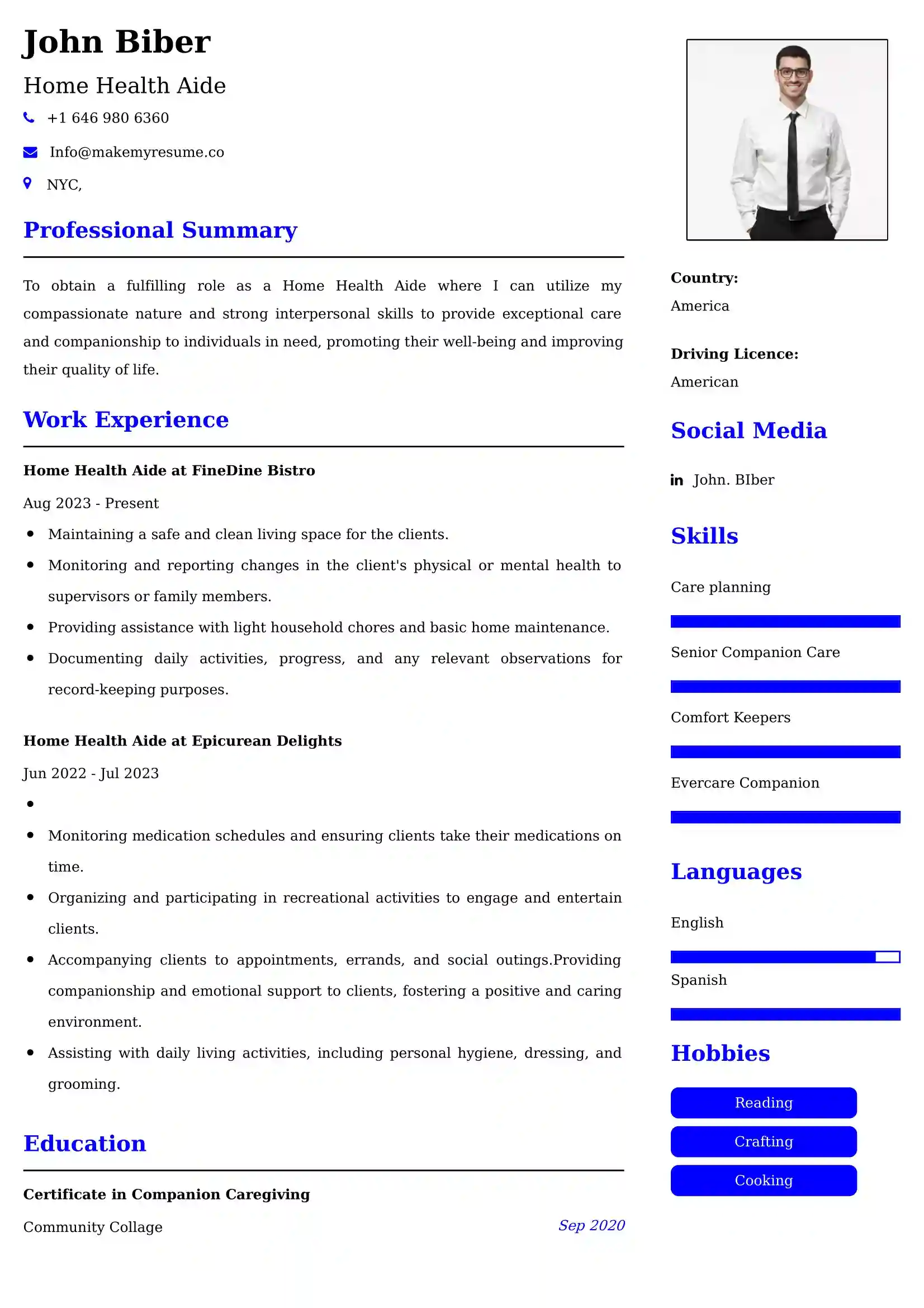 Home Health Aide Resume Examples USA