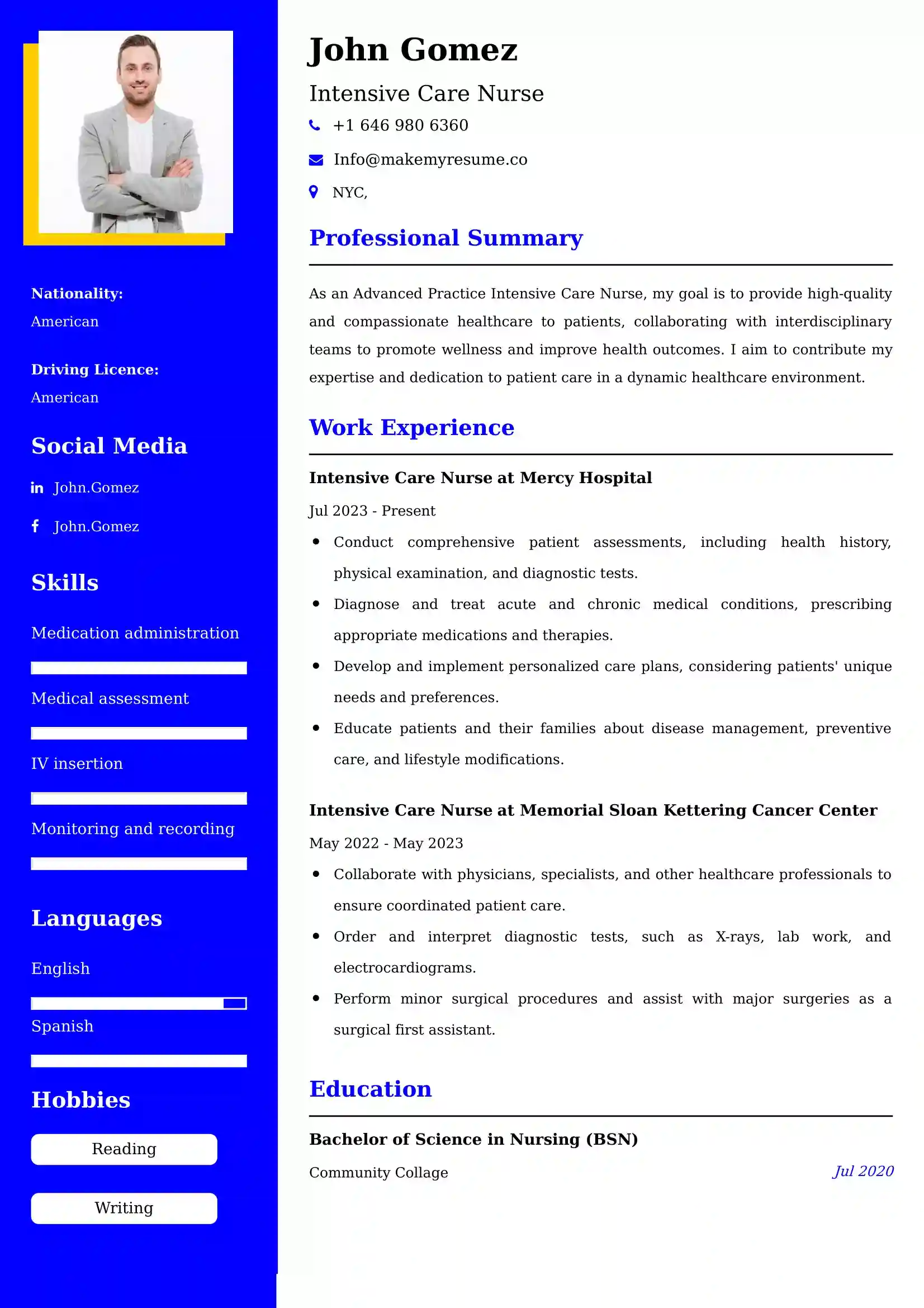 Intensive Care Nurse Resume Examples USA