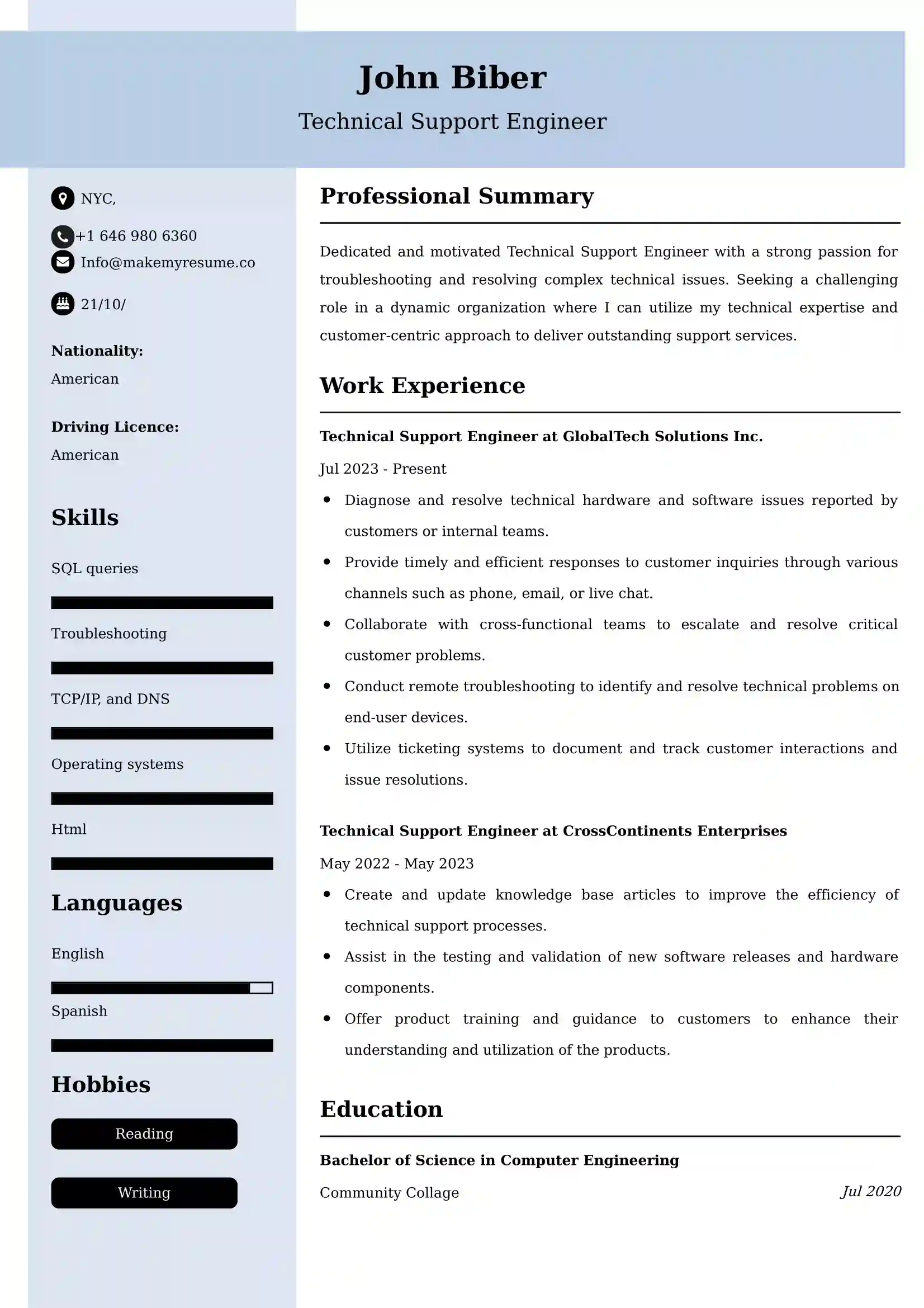 Technical Support Engineer Resume Examples USA