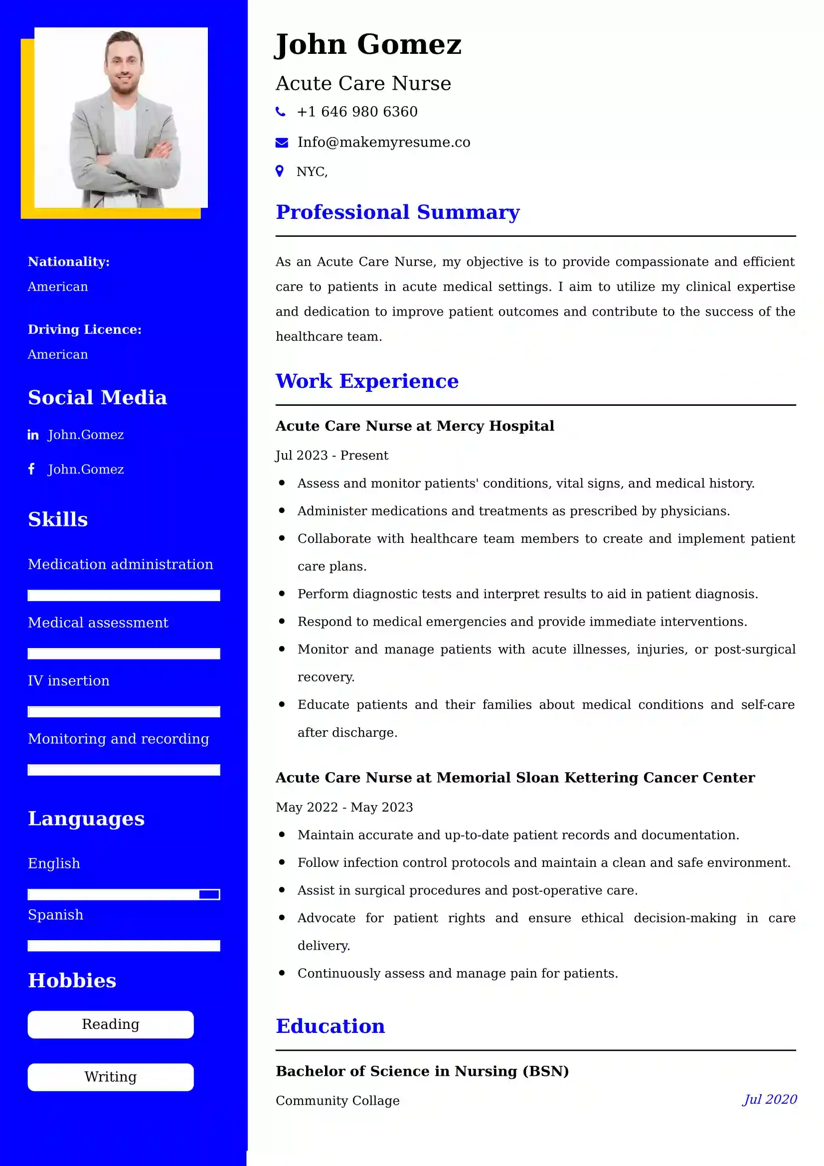 Acute Care Nurse Resume Examples USA