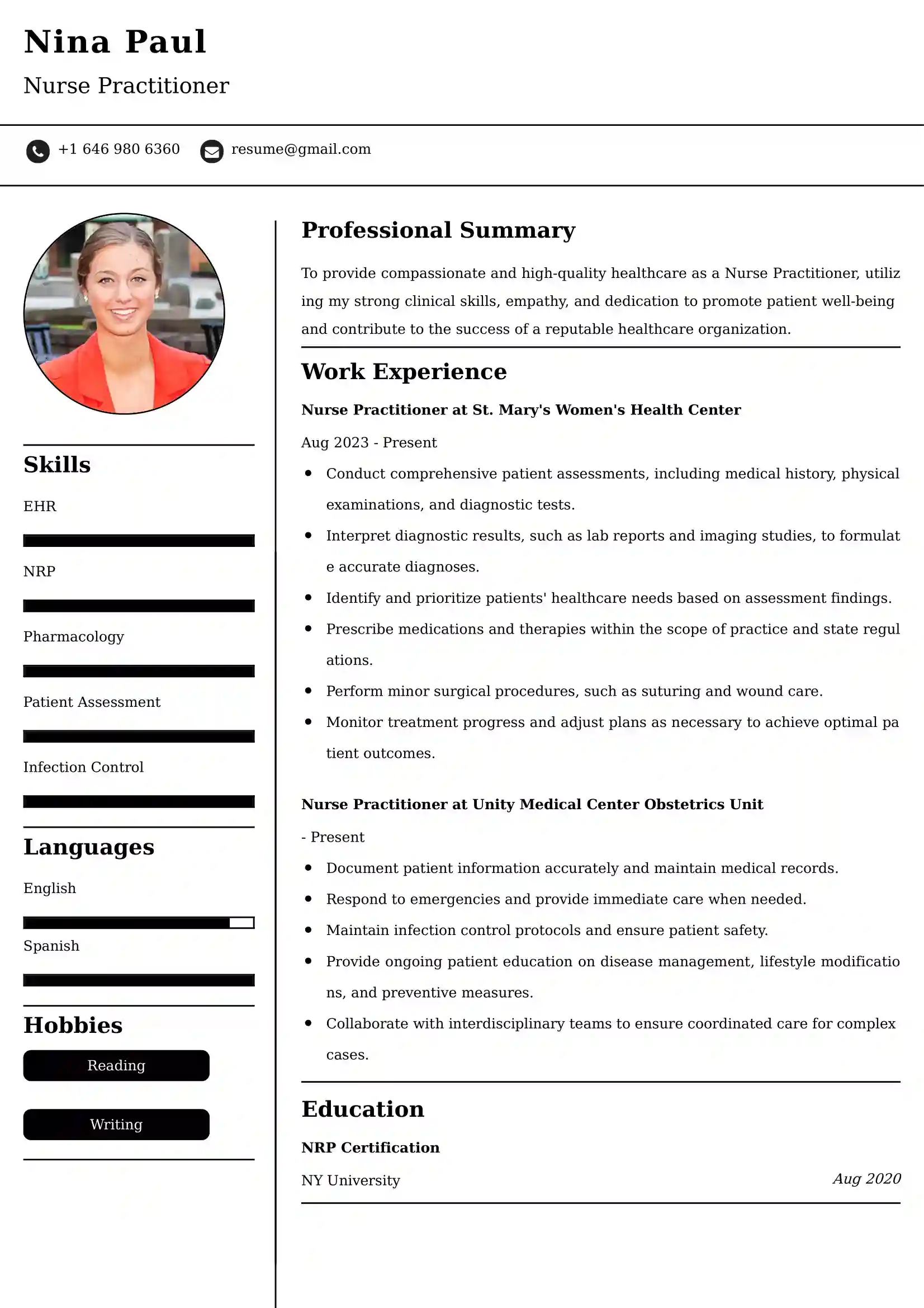 Nurse Practitioner Resume Examples USA