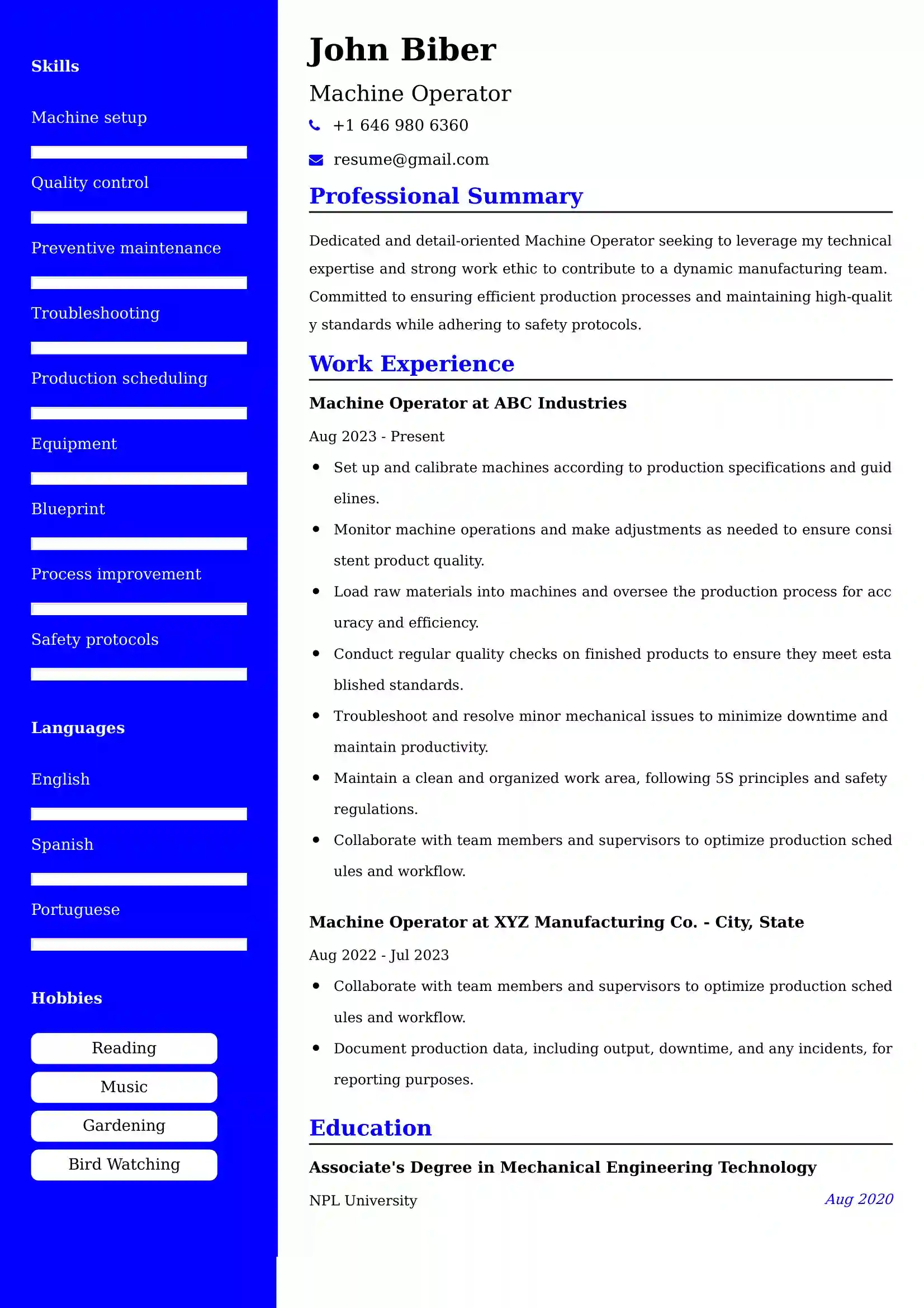 Machine Operator Resume Examples USA