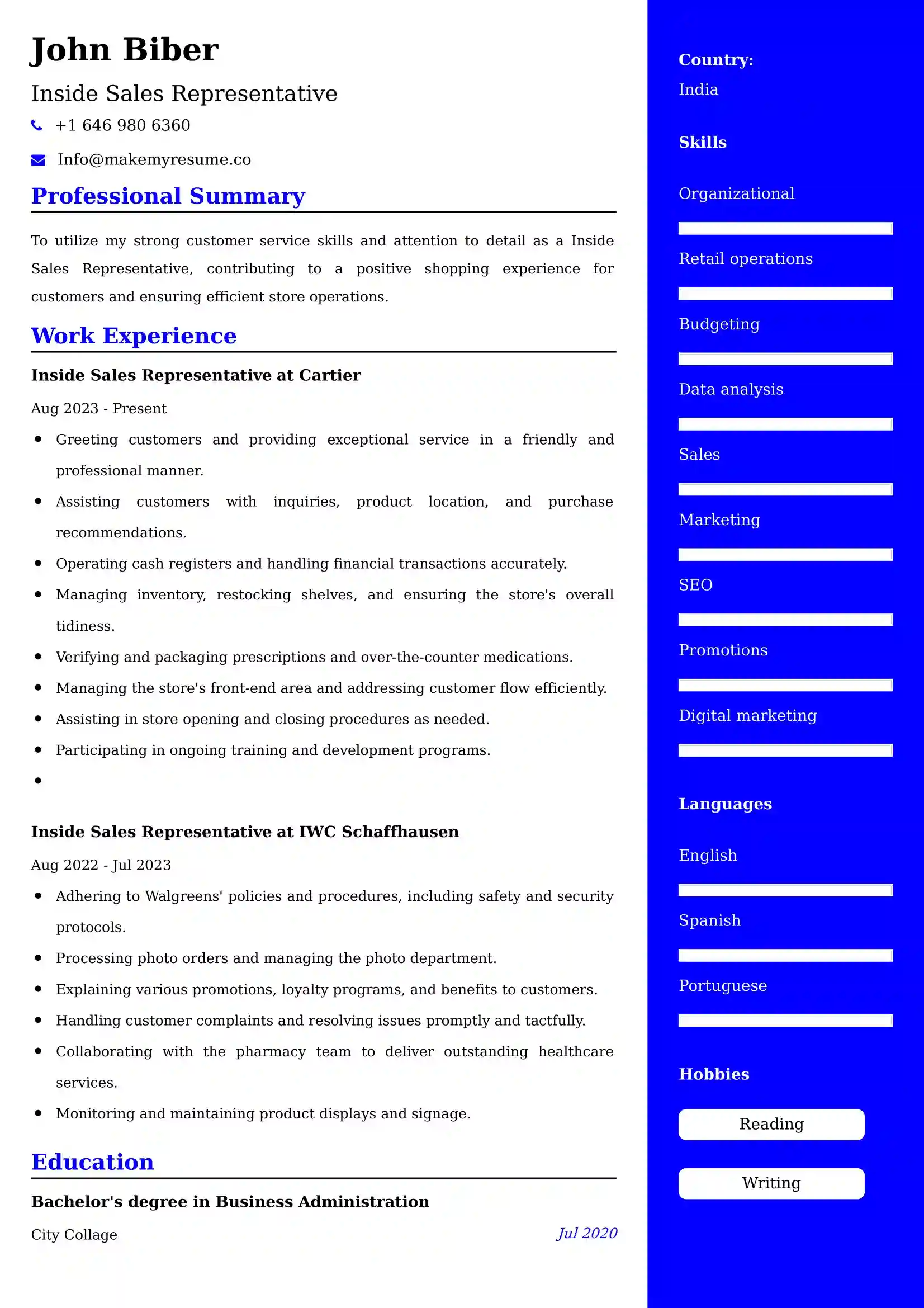 Inside Sales Representative Resume Examples USA