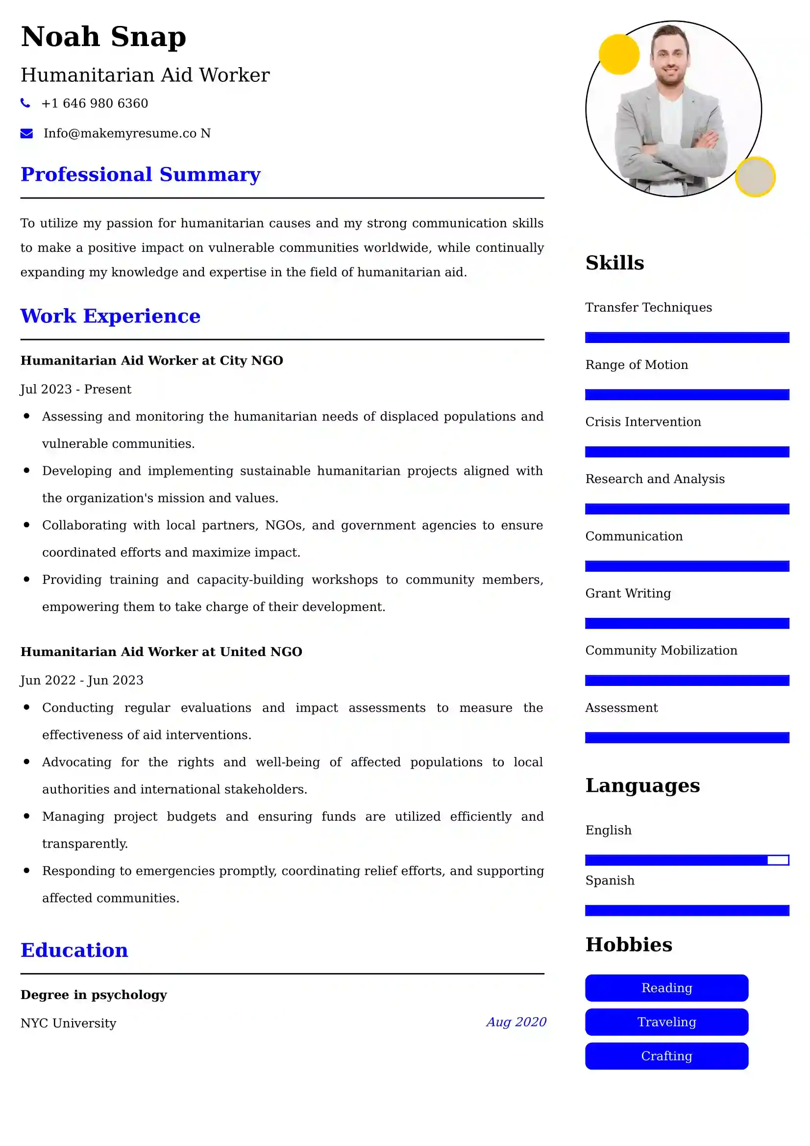 Humanitarian Aid Worker Resume Examples USA