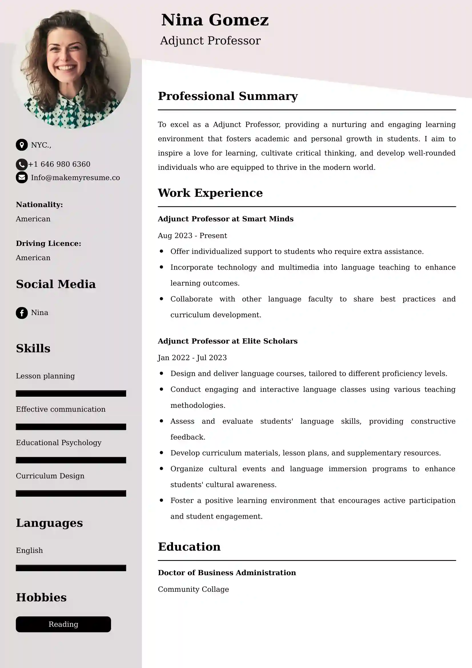 Adjunct Professor Resume Examples USA