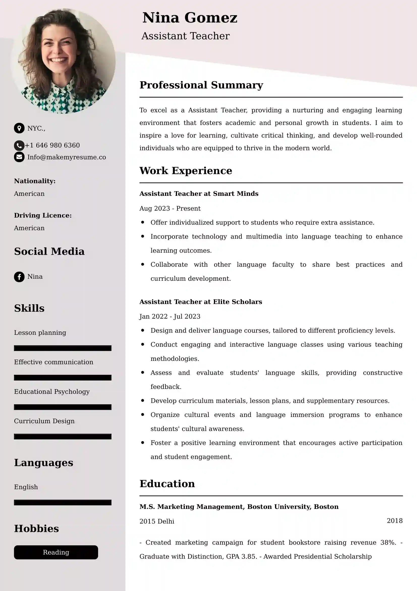 Assistant Teacher Resume Examples USA