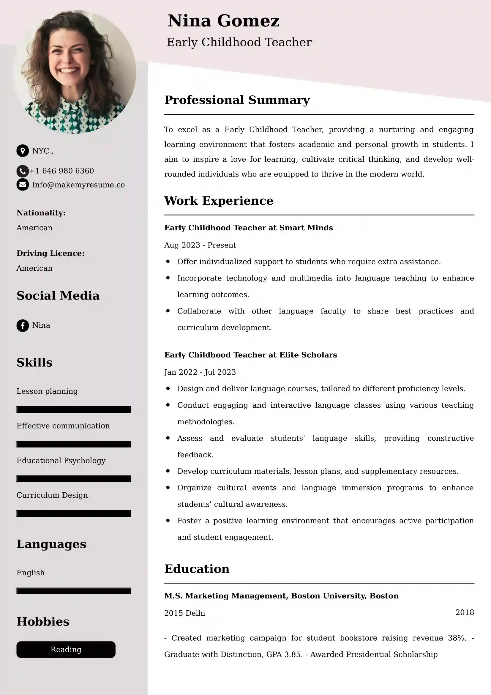 Early Childhood Teacher Resume Examples USA