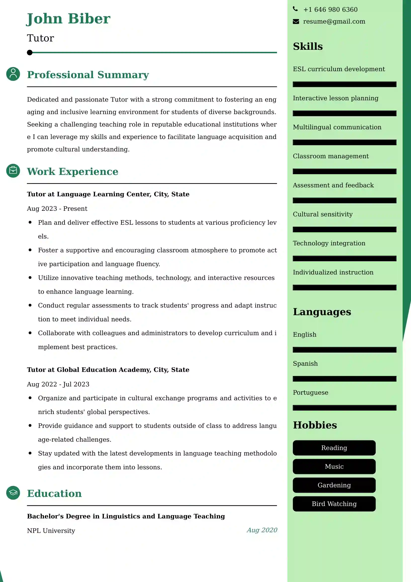 Tutor Resume Examples USA