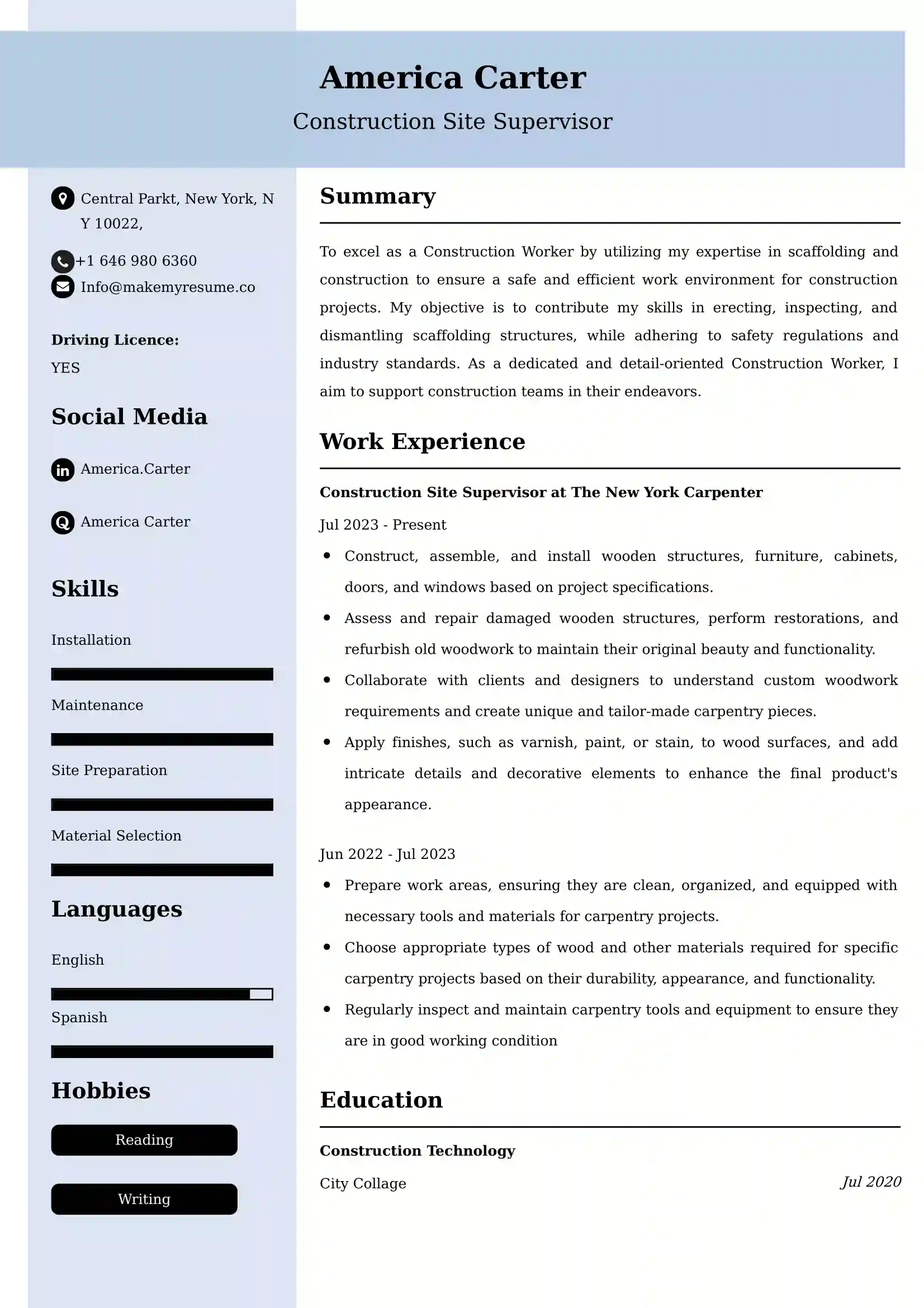 Construction Resume examples