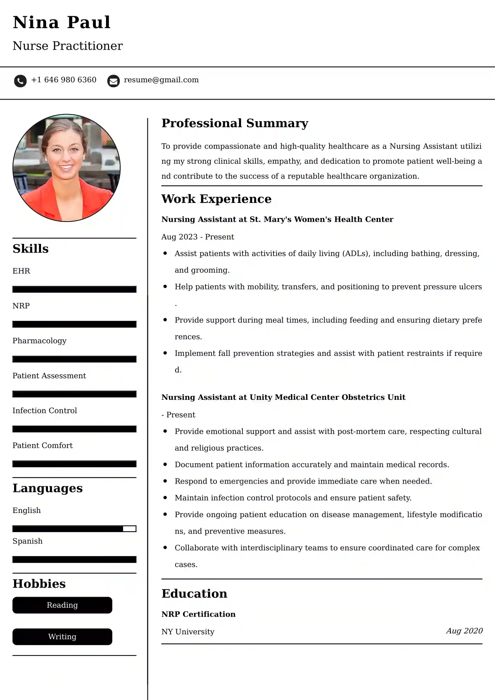 Nursing Assistant Resume Examples USA