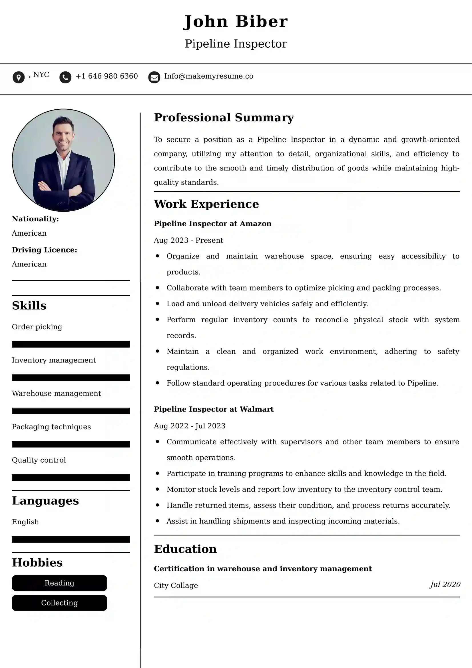 Pipeline Inspector Resume Examples USA