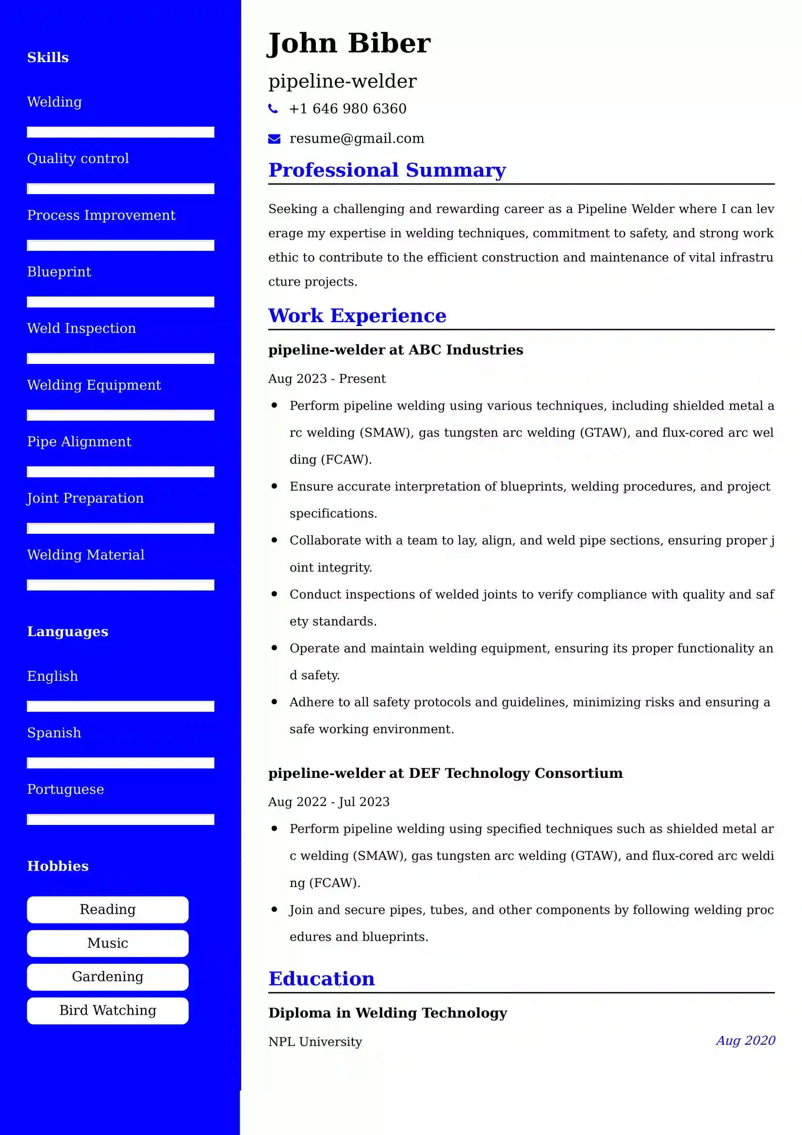 Pipeline Welder Resume Examples USA