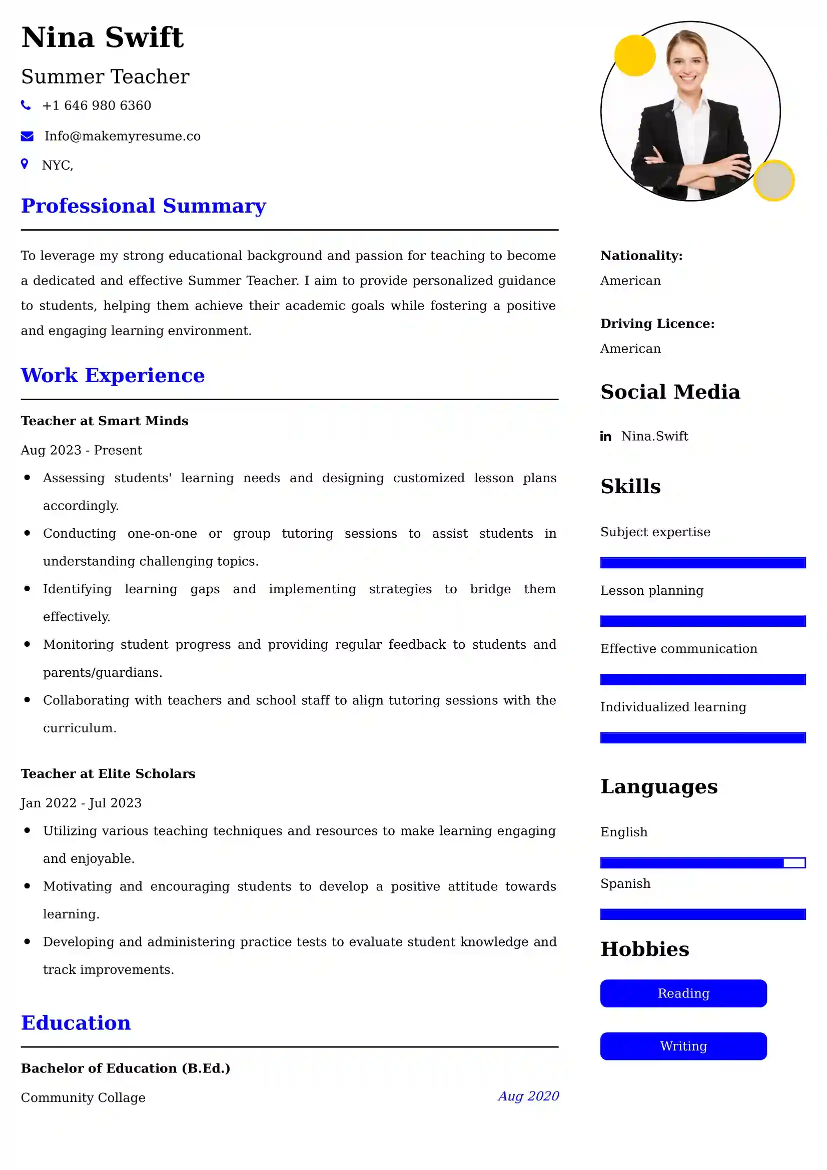 Summer Teacher Resume Examples USA