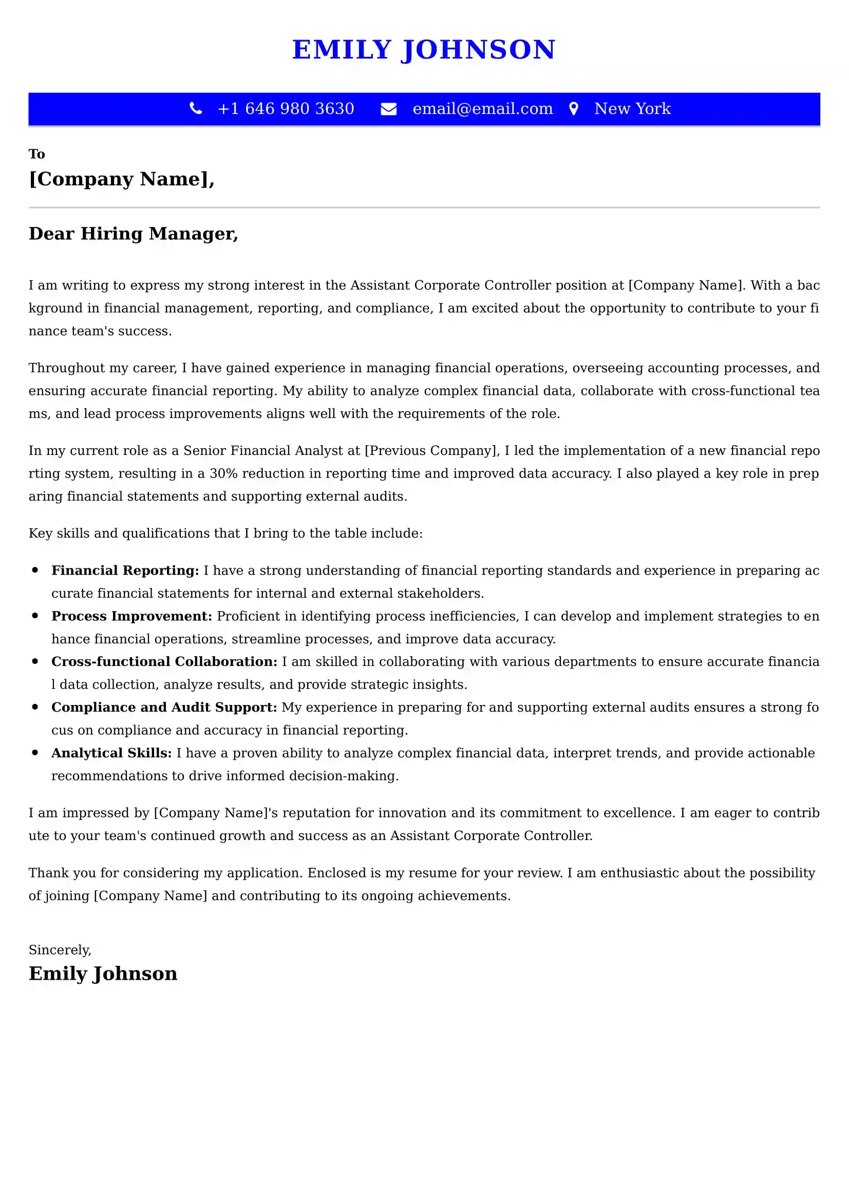 Assistant Corporate Controller Cover Letter Examples USA