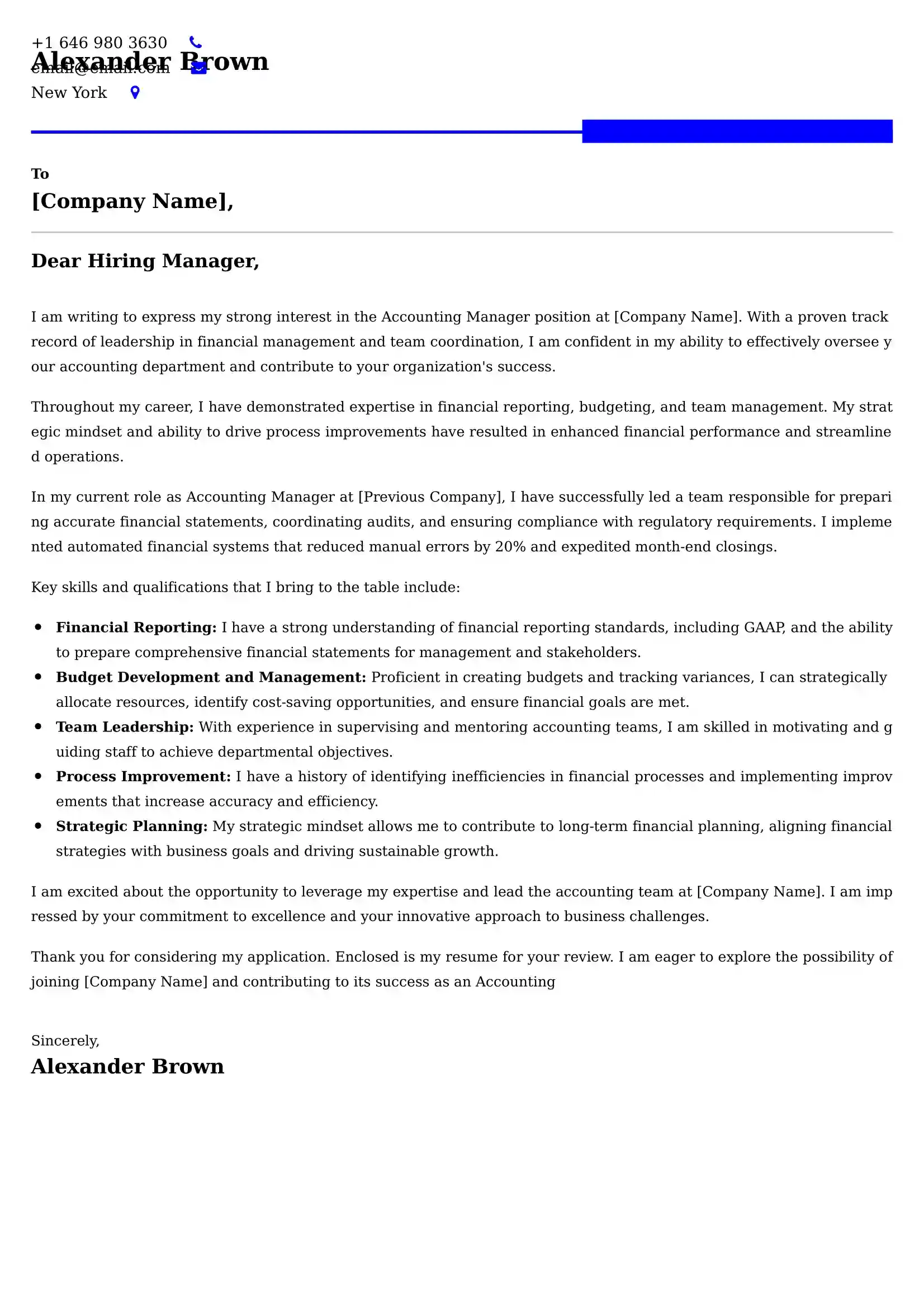 Accounting Manager Cover Letter Examples USA