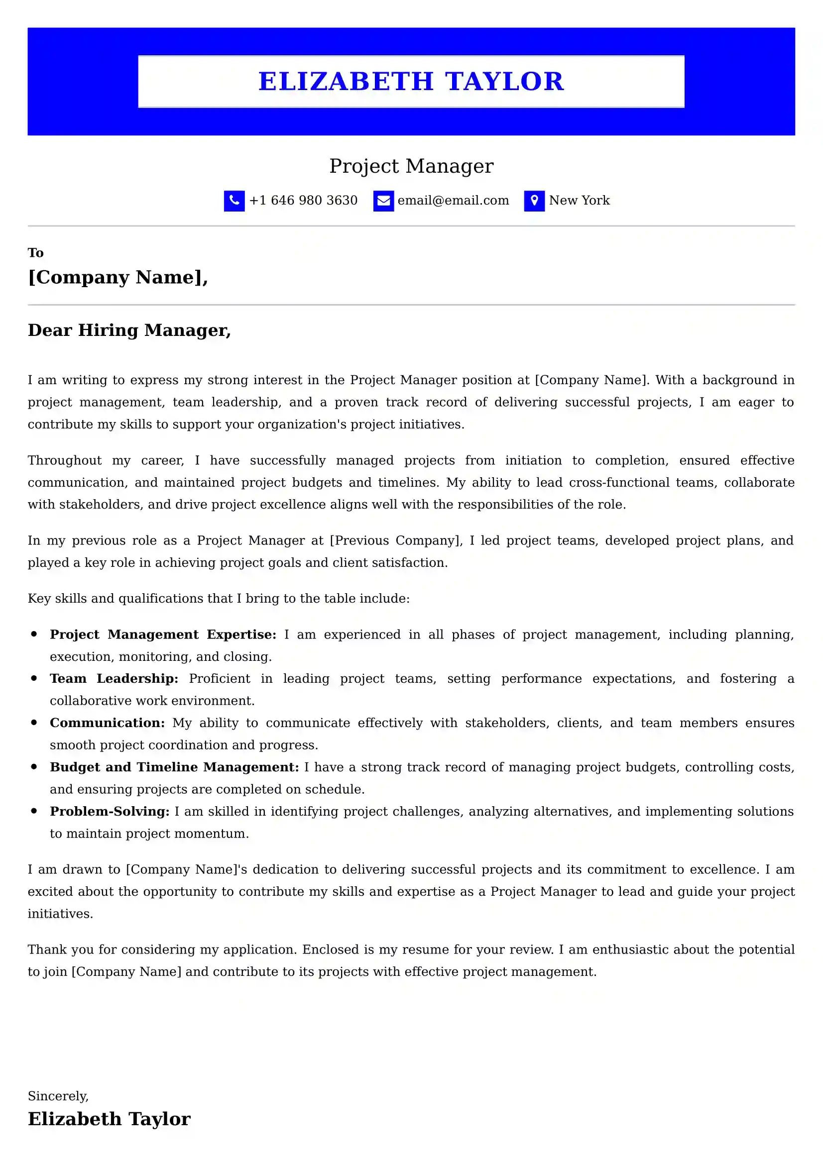 Project Manager Cover Letter Examples USA