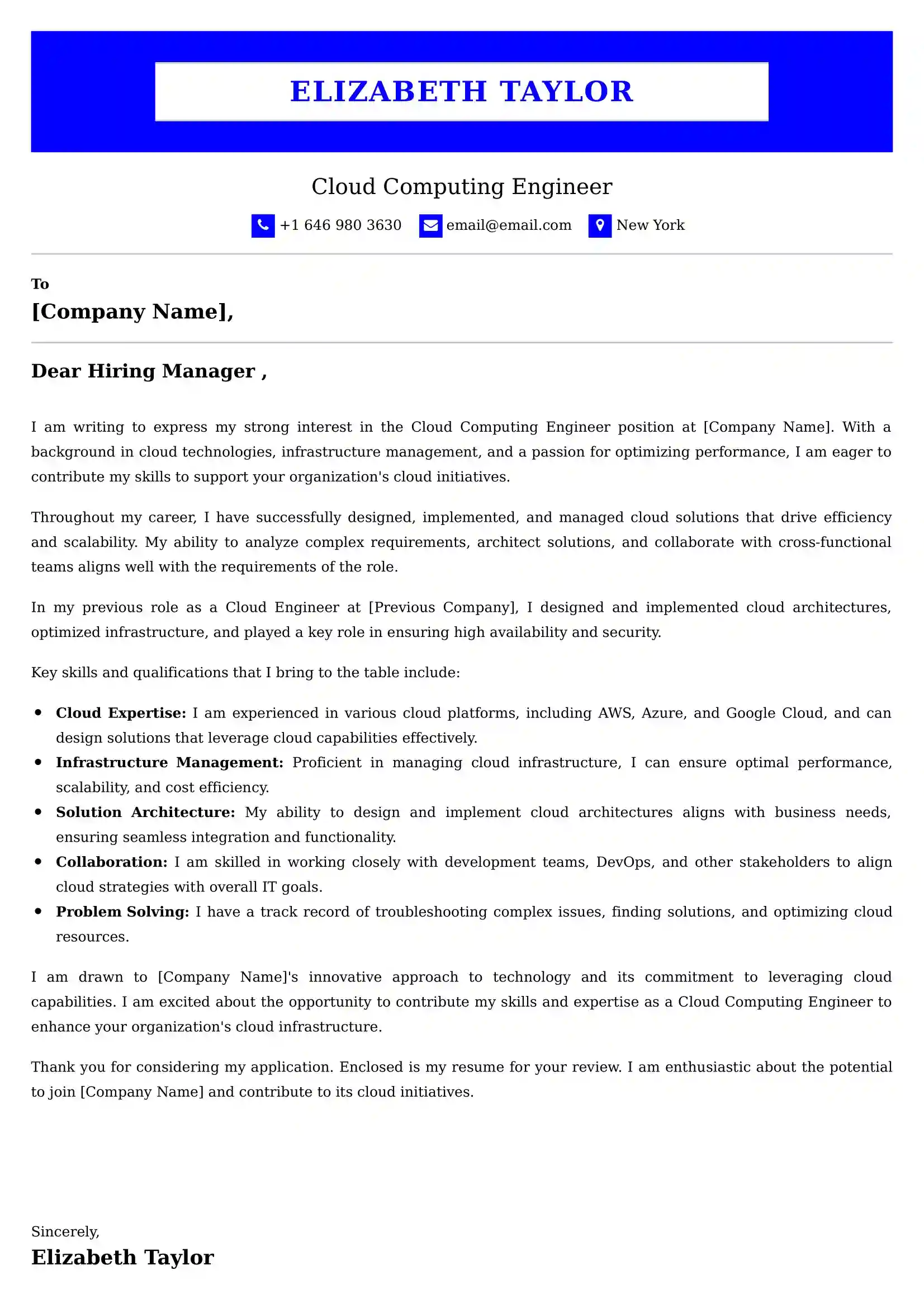 Cloud Computing Engineer Cover Letter Examples USA