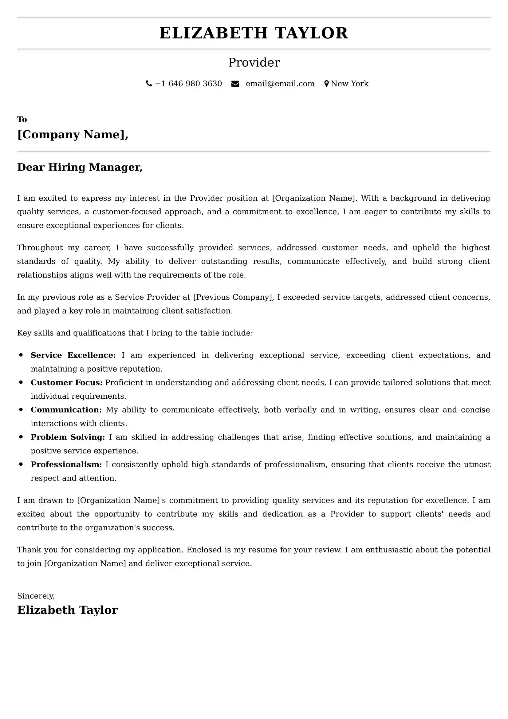 Provider Cover Letter Examples USA