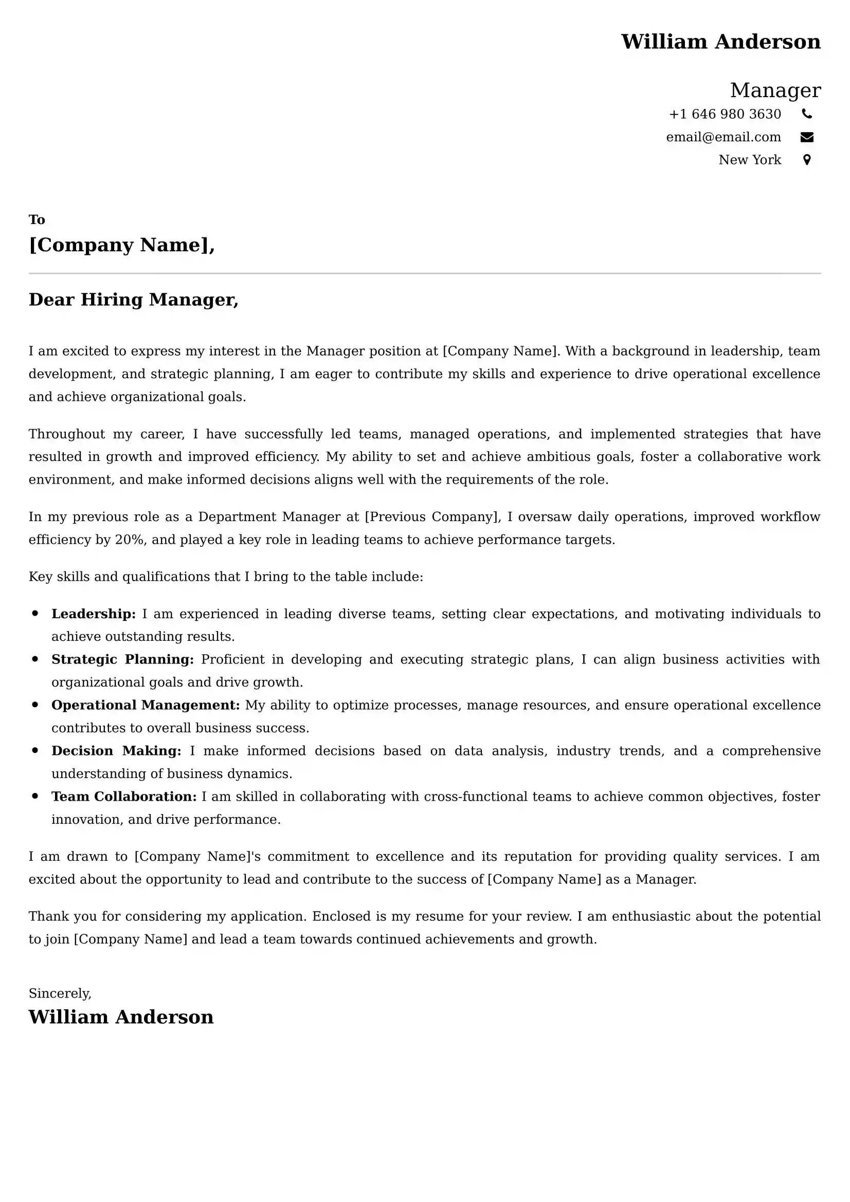 Manager Cover Letter Examples USA