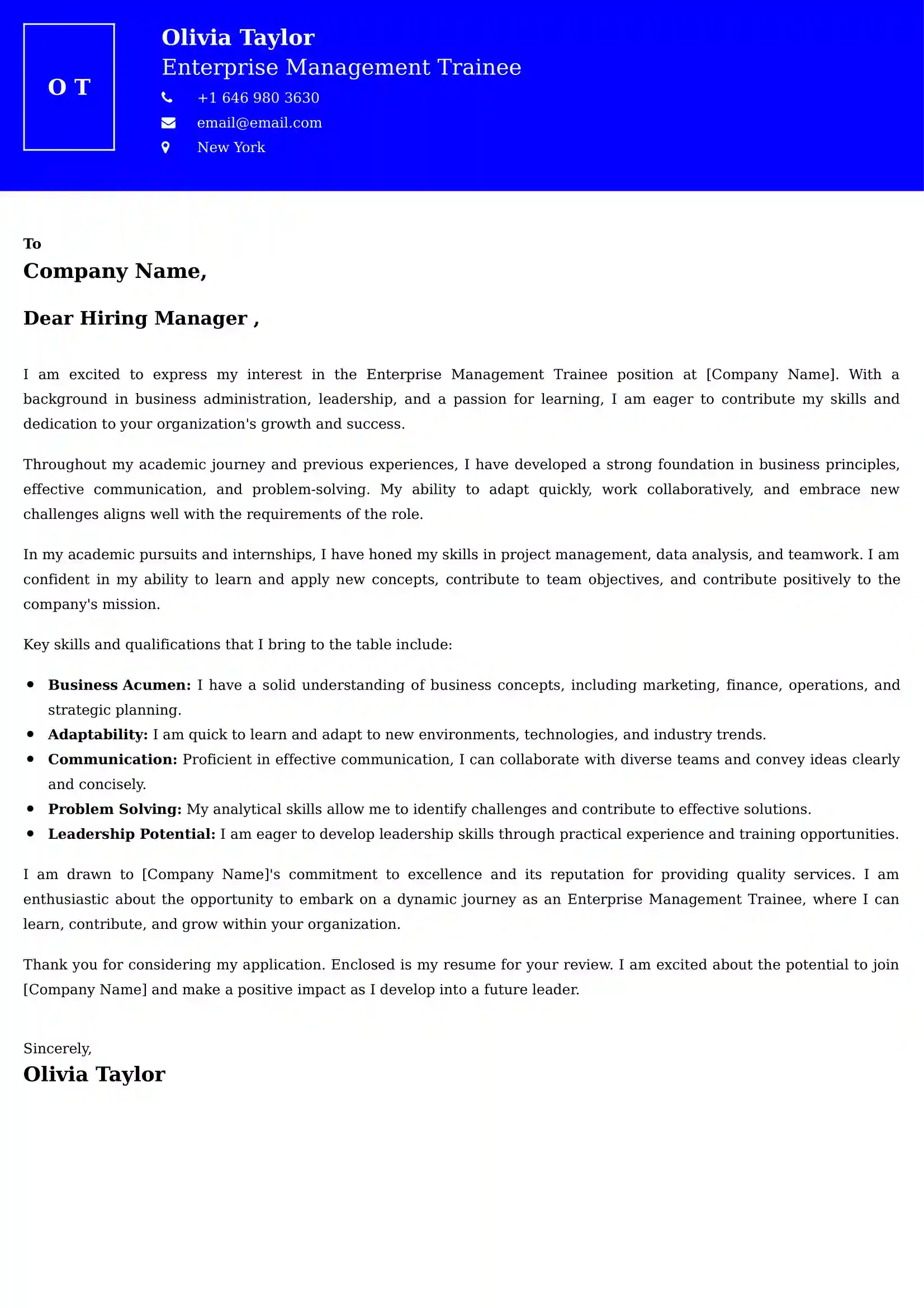 Enterprise Management Trainee Cover Letter Examples USA