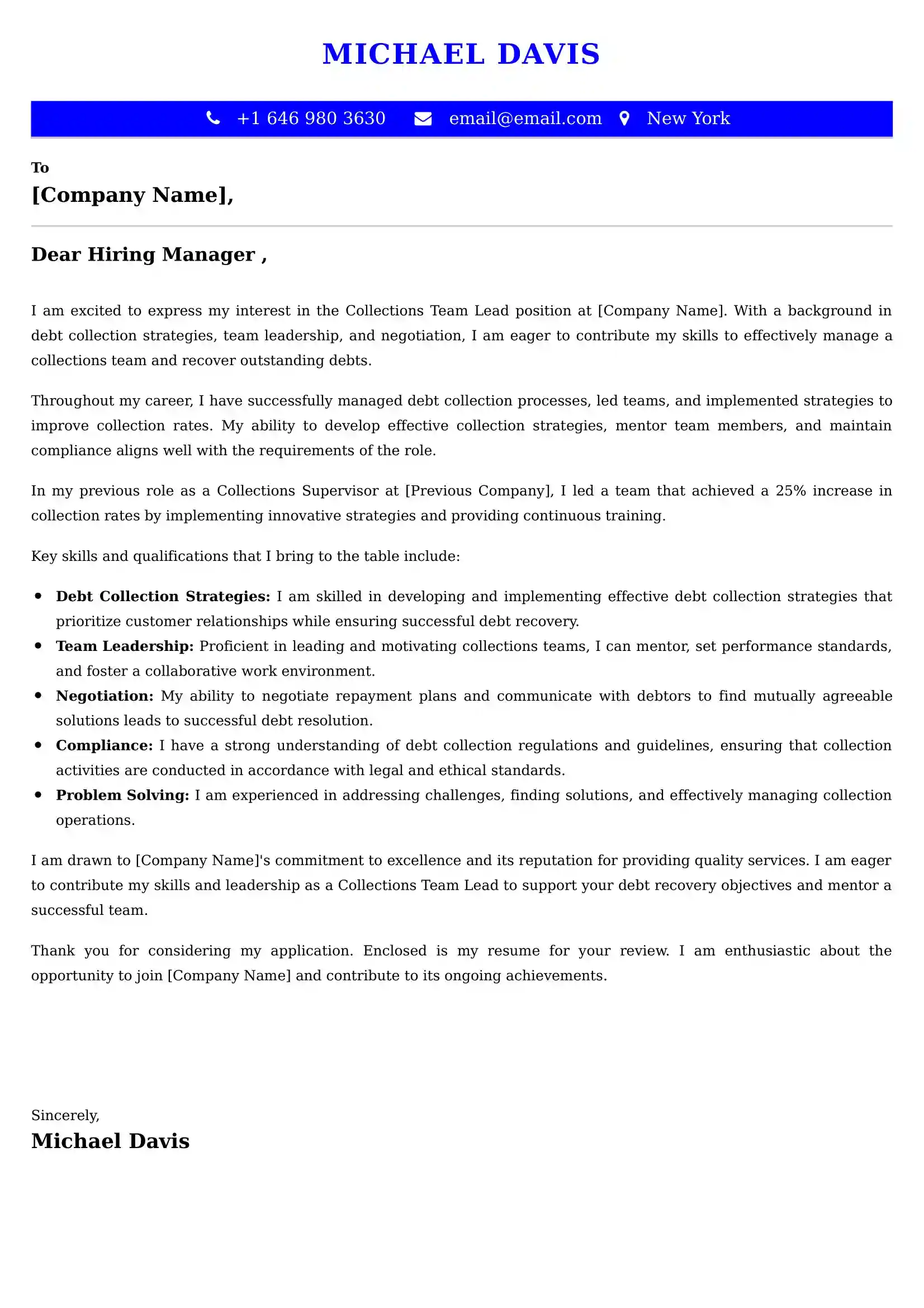 Collections Team Lead Cover Letter Examples USA