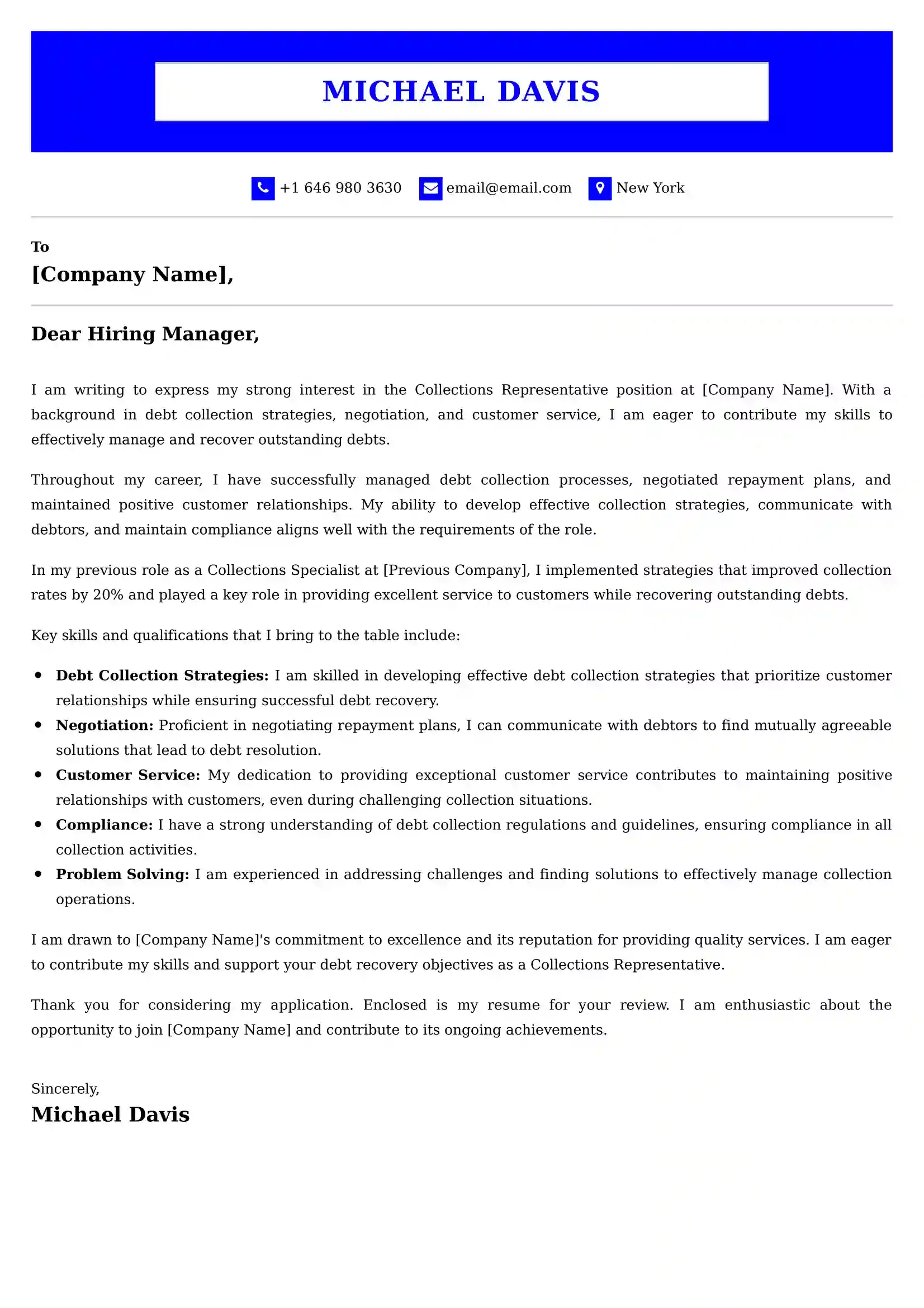 Collections Representative Cover Letter Examples USA