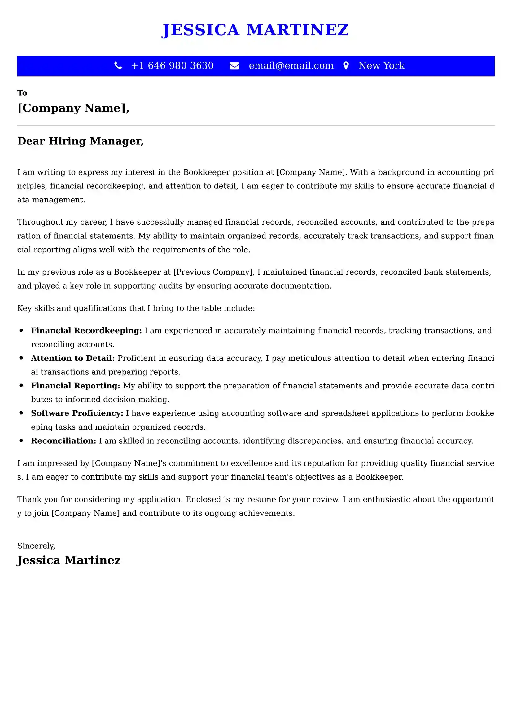 Bookkeeper Cover Letter Sample