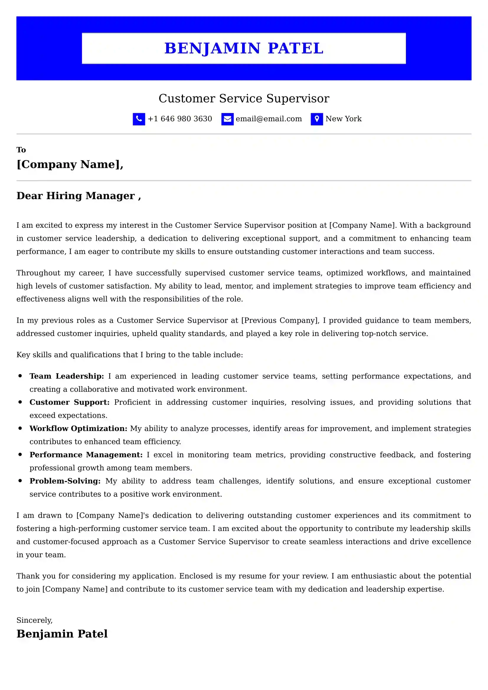 Customer Service Supervisor Cover Letter Examples USA