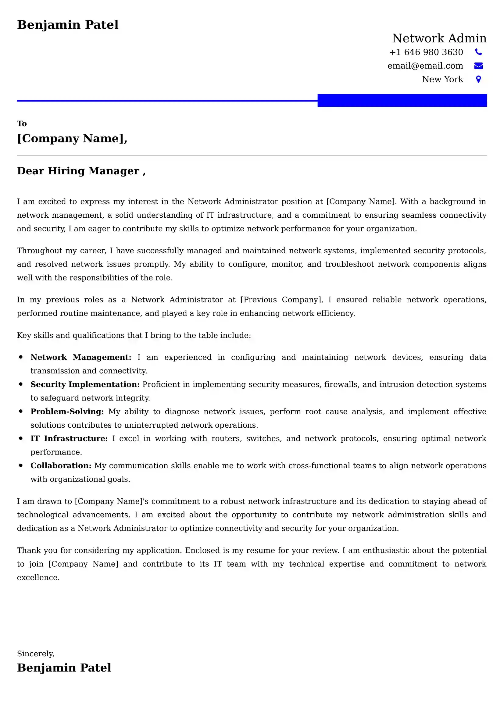 Network Admin Cover Letter Examples USA