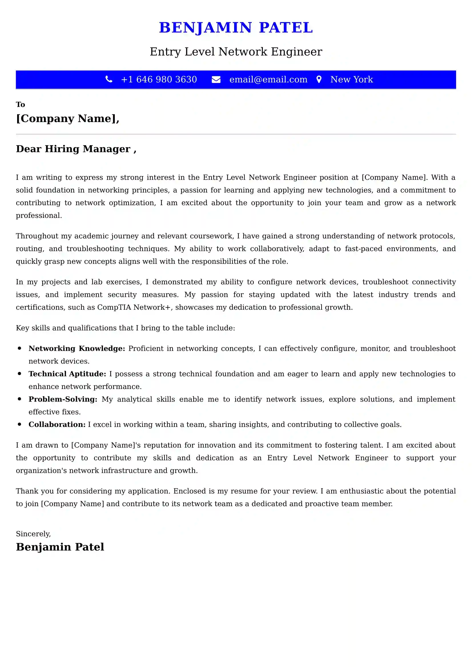 Entry Level Network Engineer Cover Letter Examples USA