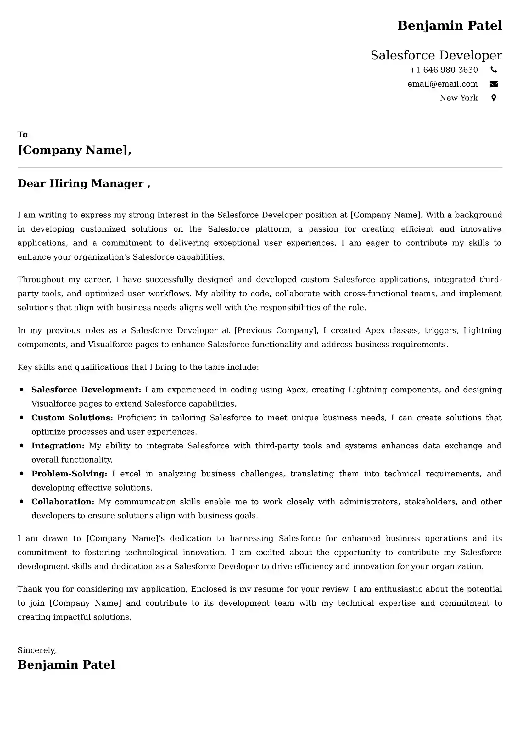 Salesforce Developer Cover Letter Examples USA