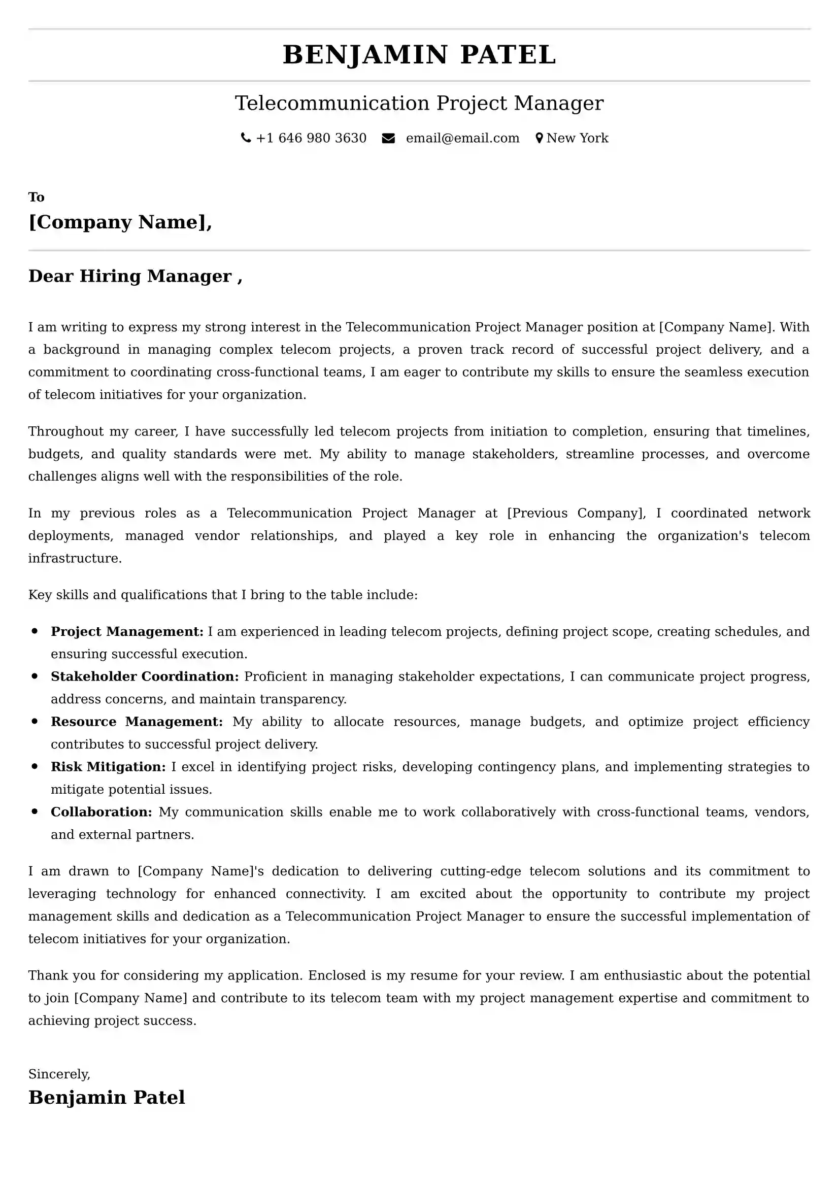 Telecommunication Project Manager Cover Letter Examples USA