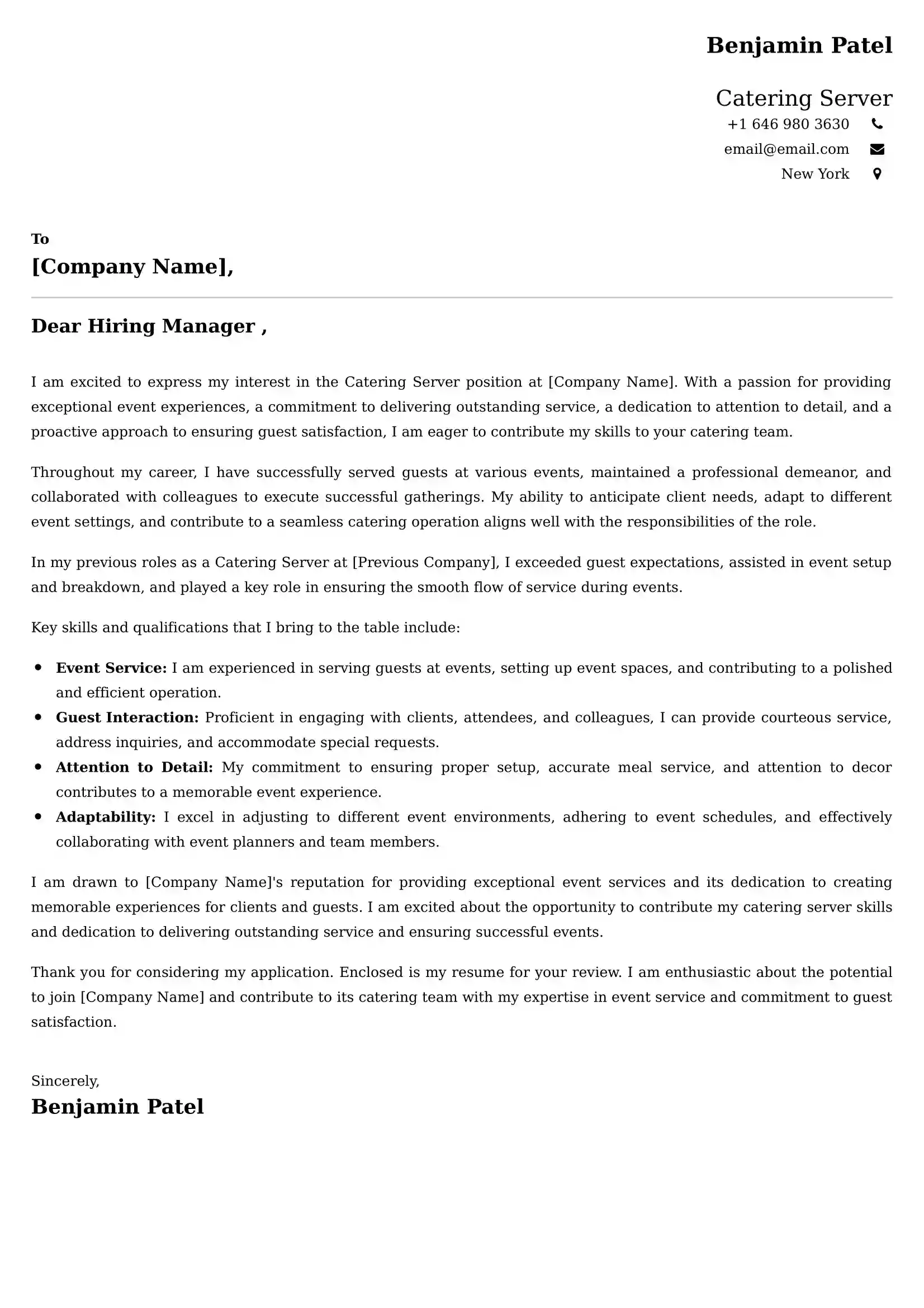 Catering Server Cover Letter Examples USA