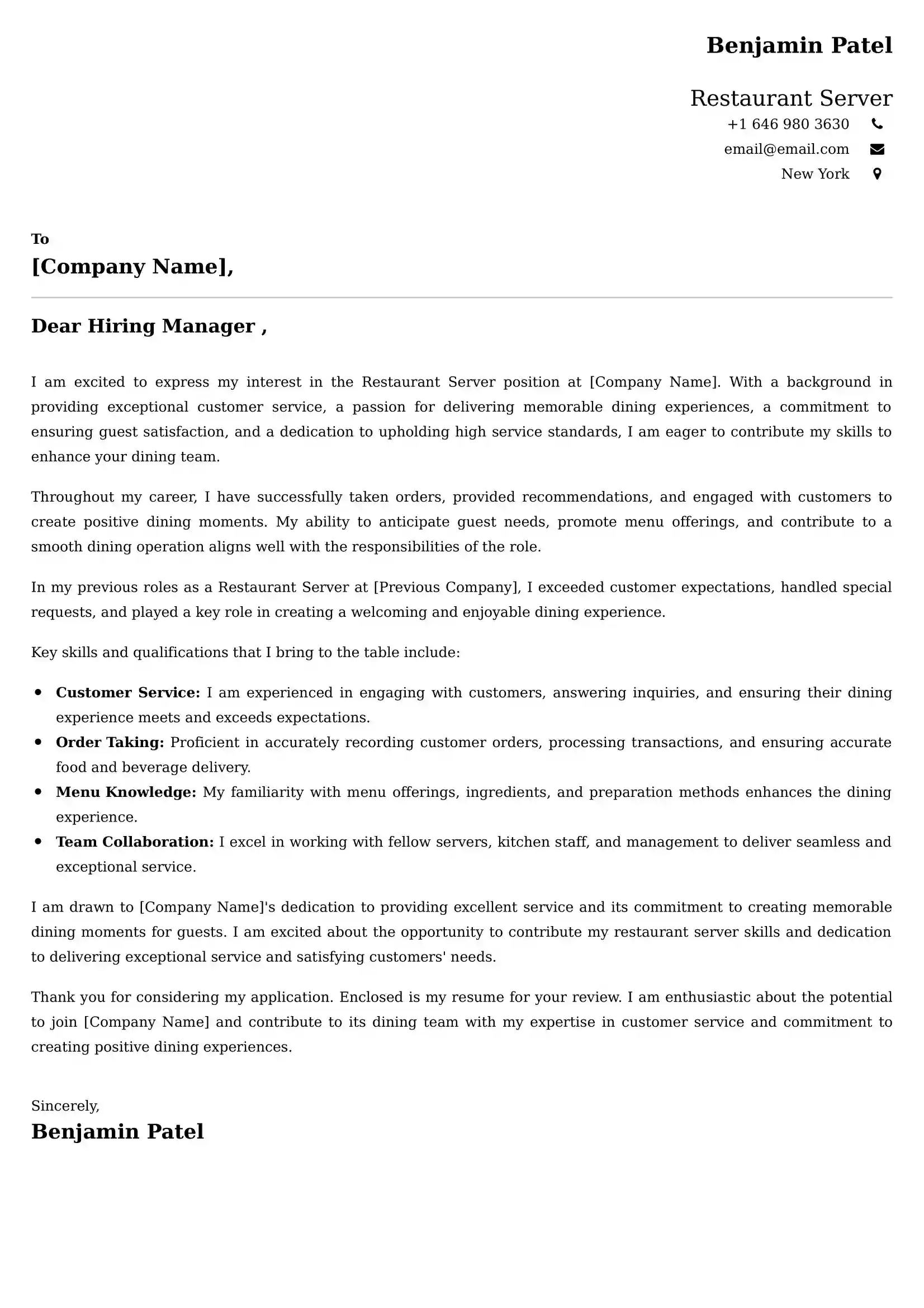 Restaurant Server Cover Letter Examples USA