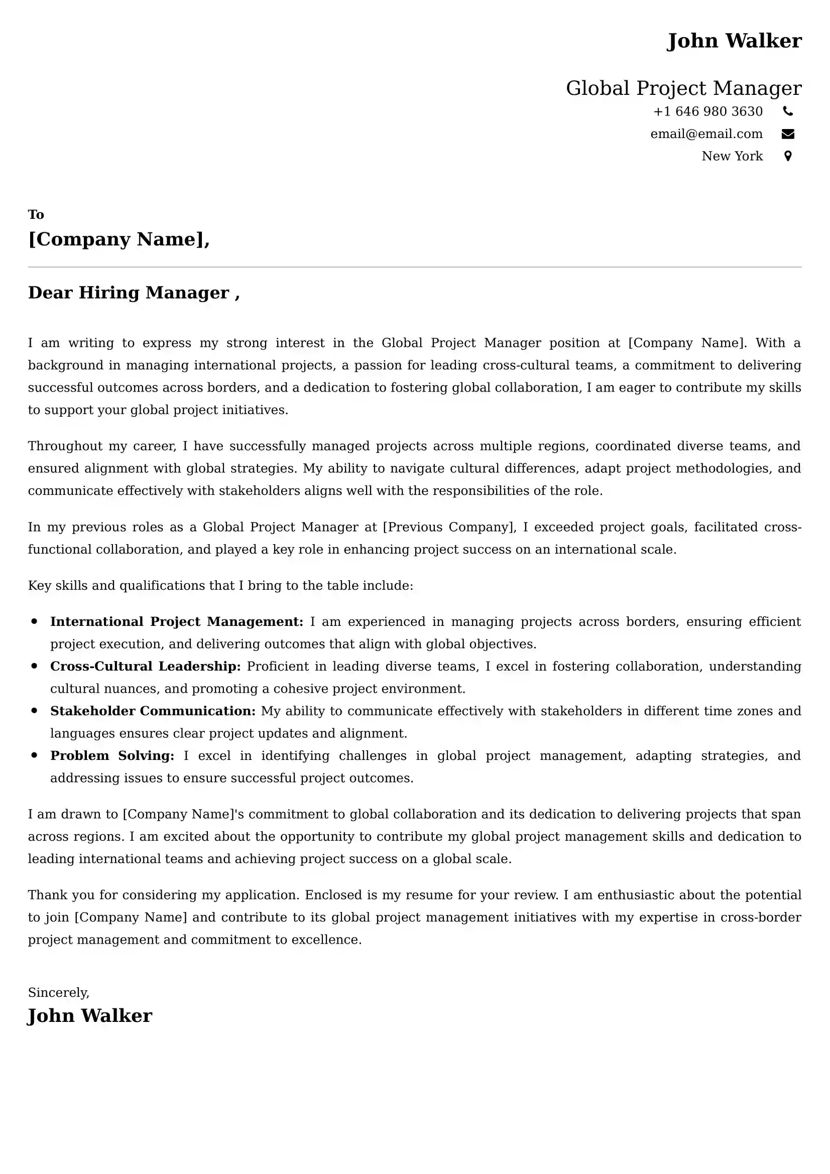 Global Project Manager Cover Letter Examples USA